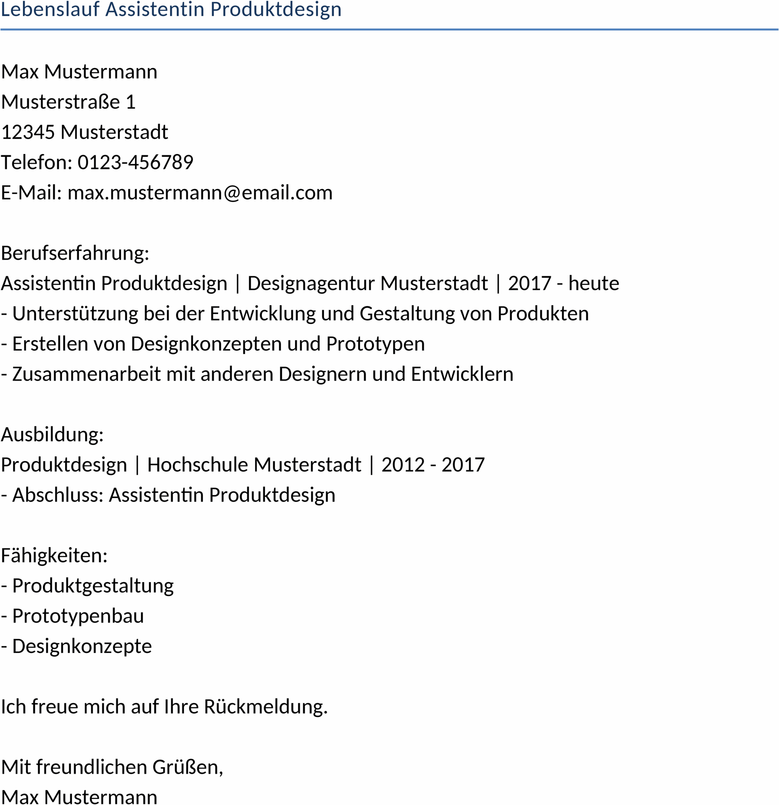 Lebenslauf im Word-Format für eine Assistentin im Produktdesign