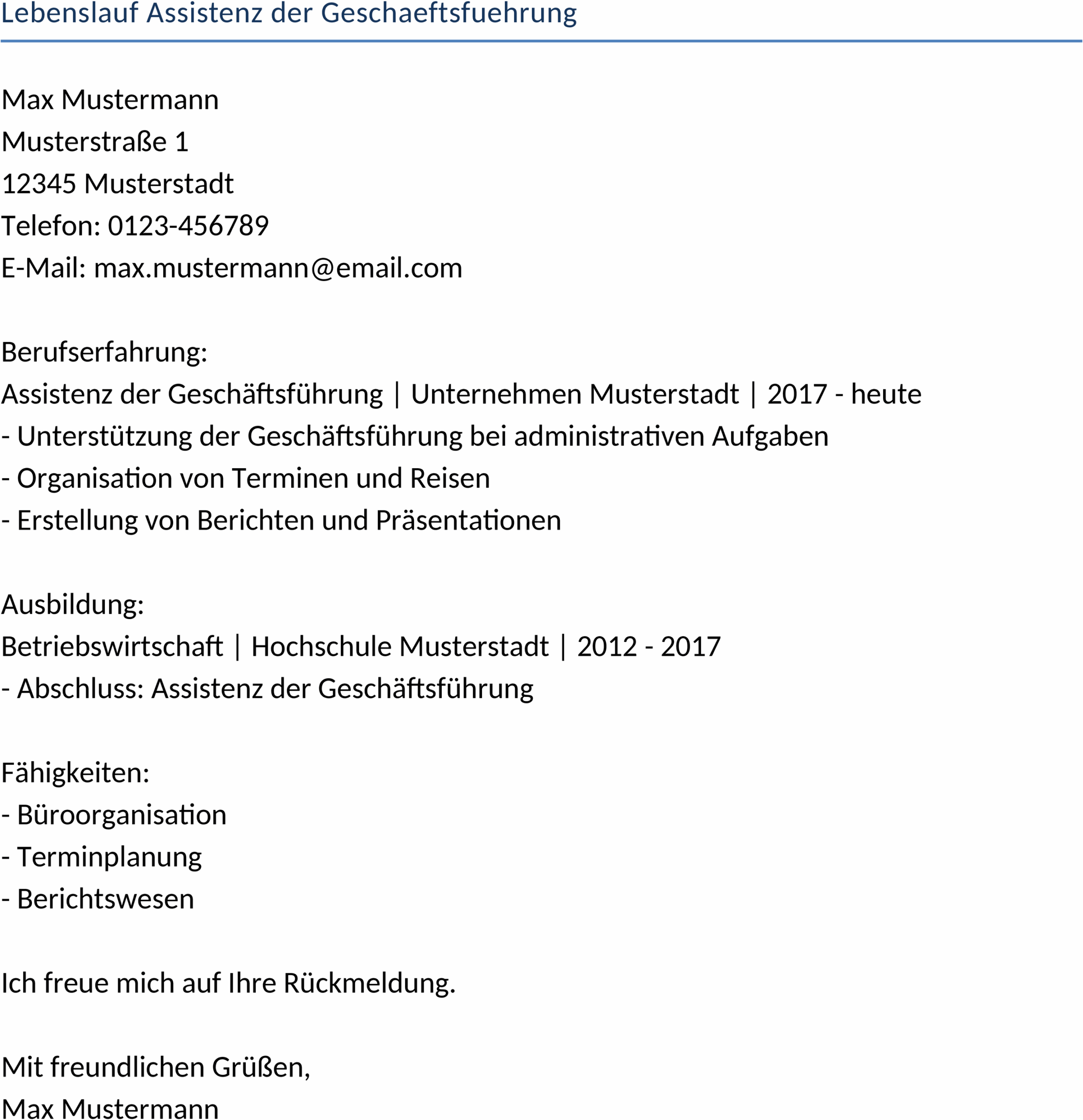 Lebenslaufvorlage im Word-Format für Assistenz der Geschäftsführung