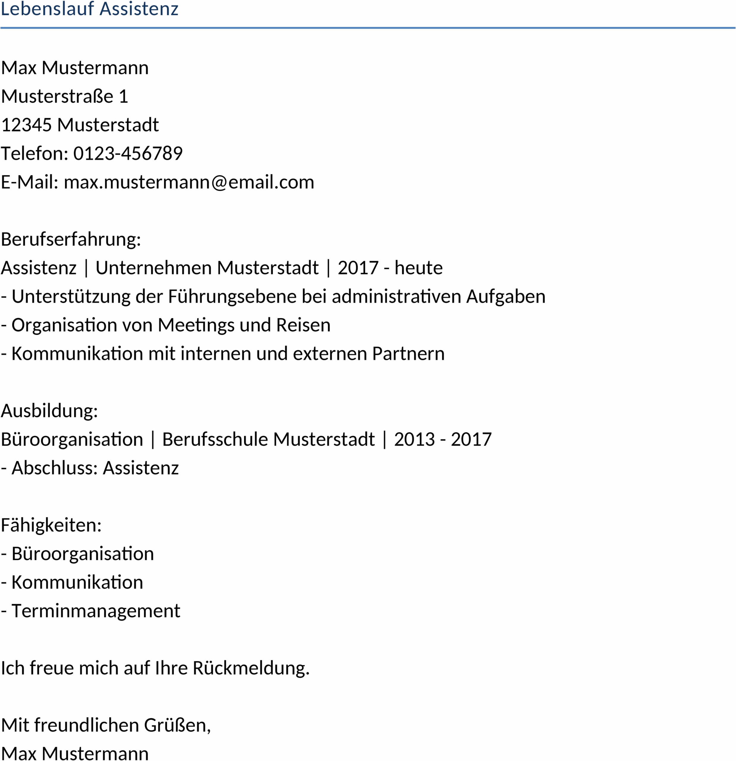 Lebenslauf Word-Template für Assistenz