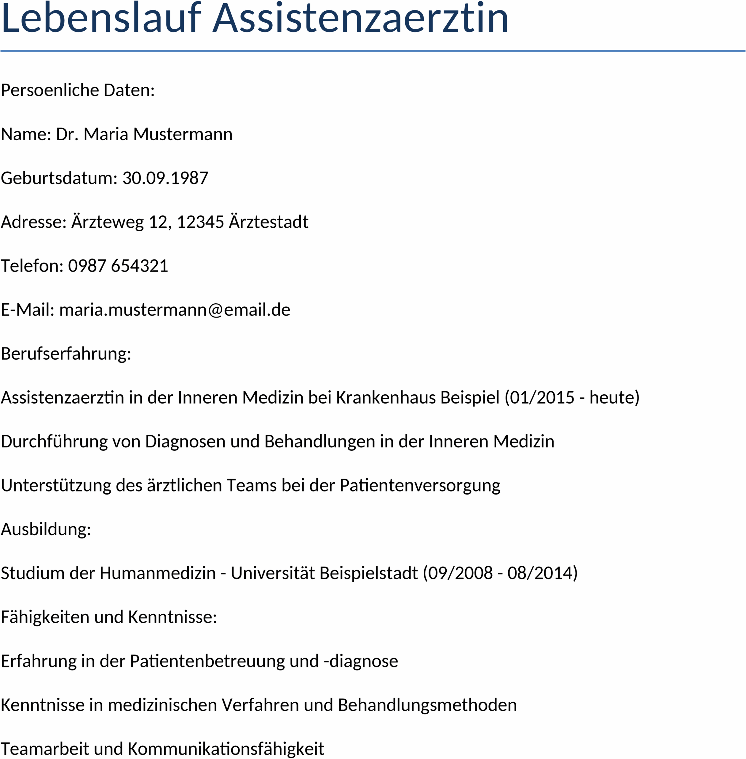 Lebenslauf Word Vorlage für Assistenzärztin