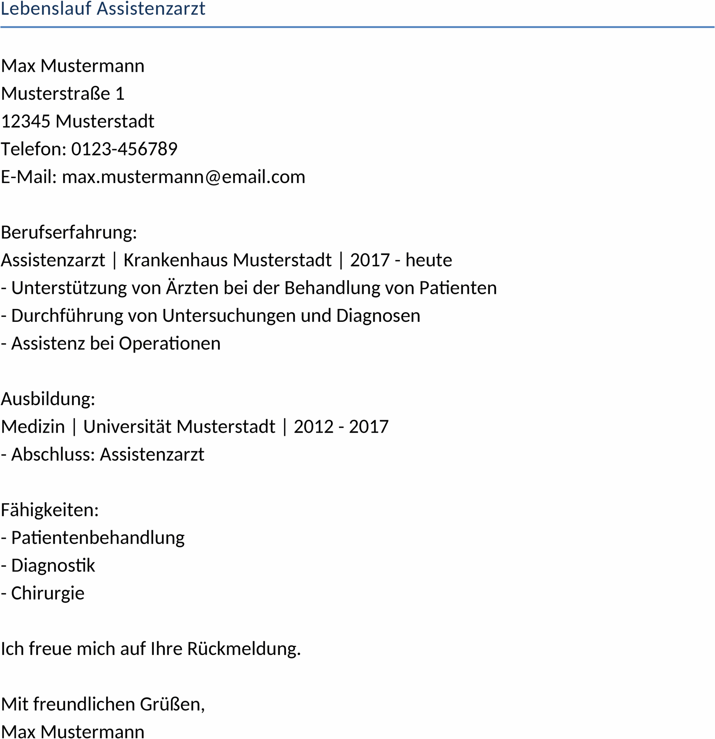 Lebenslauf Word-Template Assistenzarzt