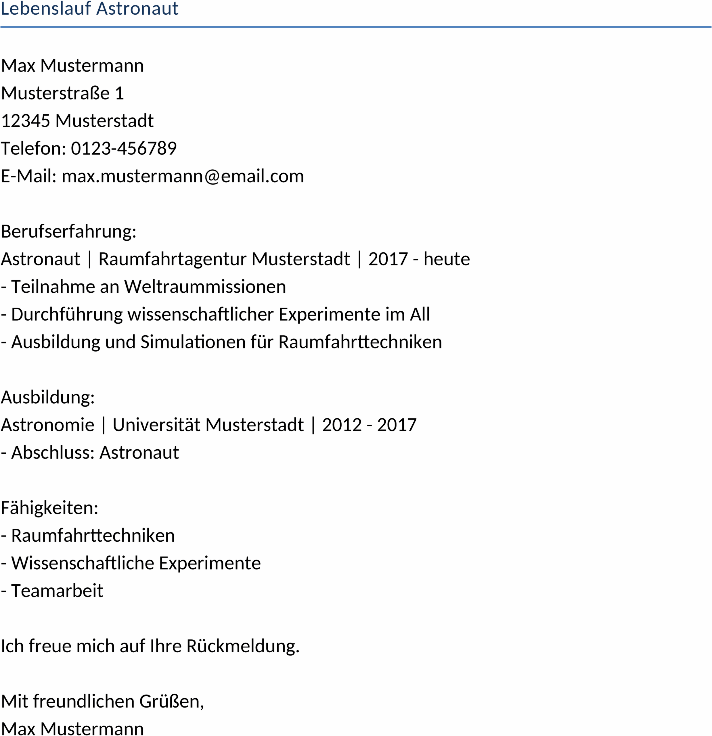 Lebenslauf für Astronauten
