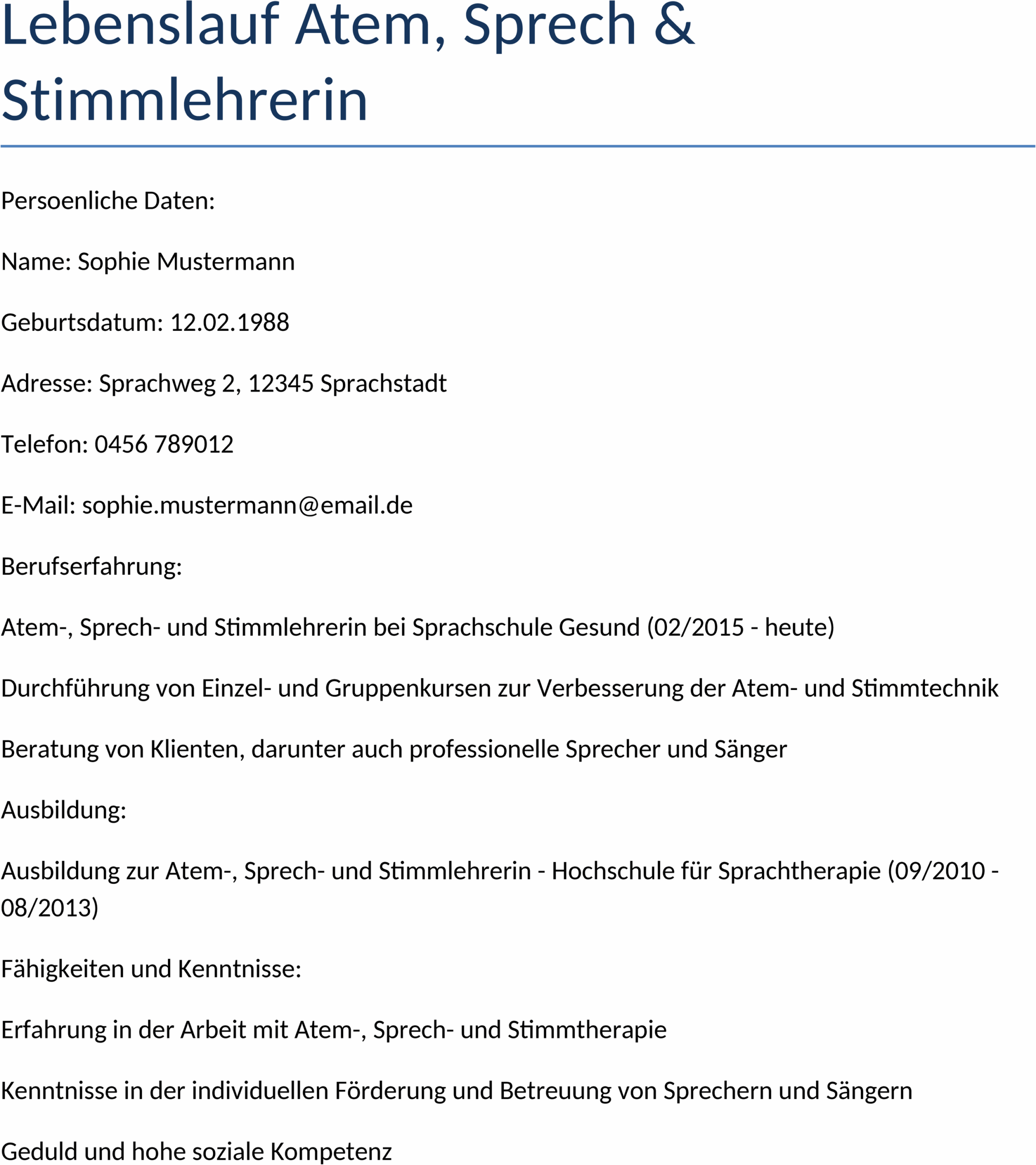 Lebenslauf Atem-, Sprech- und Stimmlehrerin Word