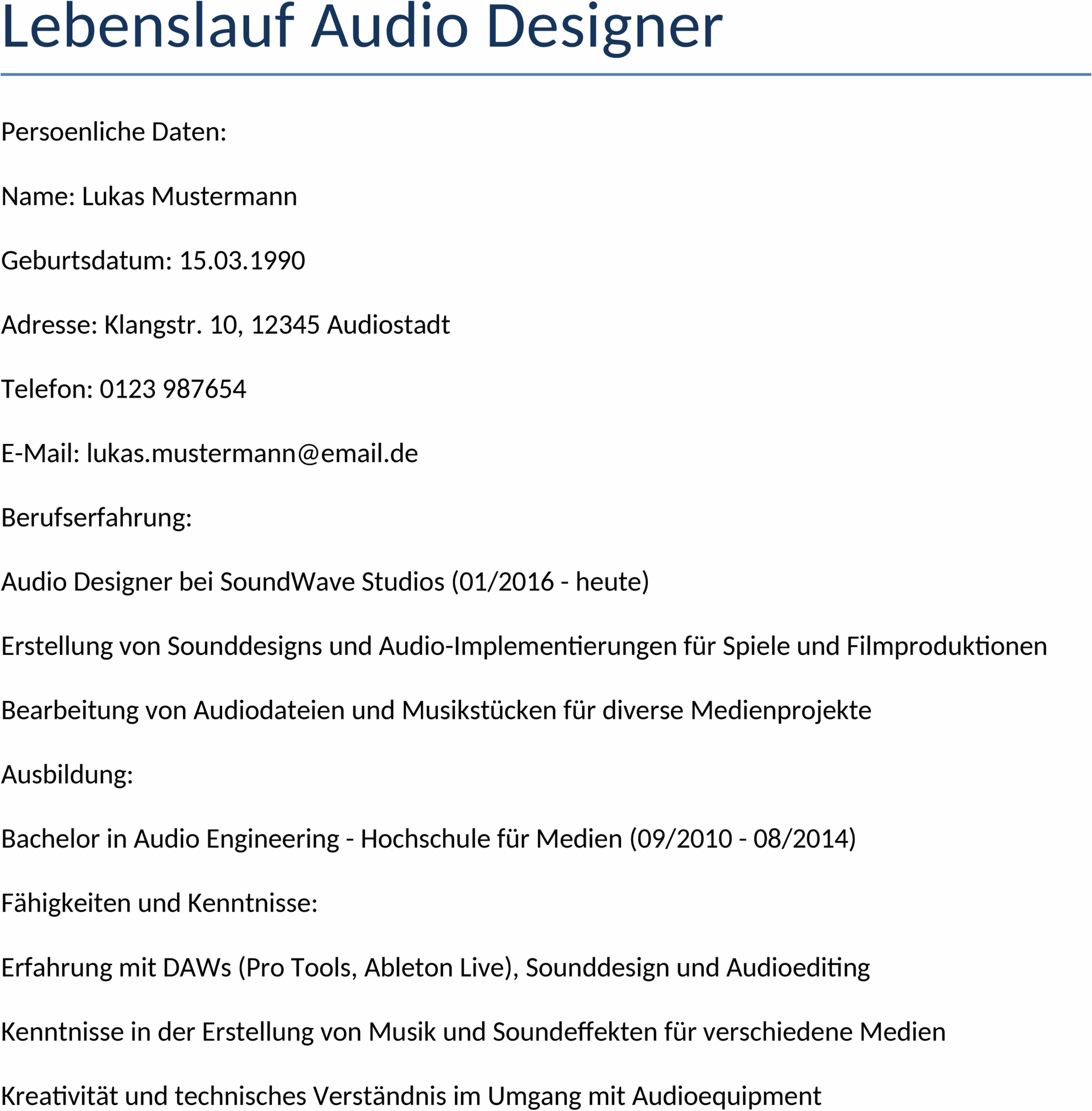 Lebenslauf-Vorlage für Audio Designer