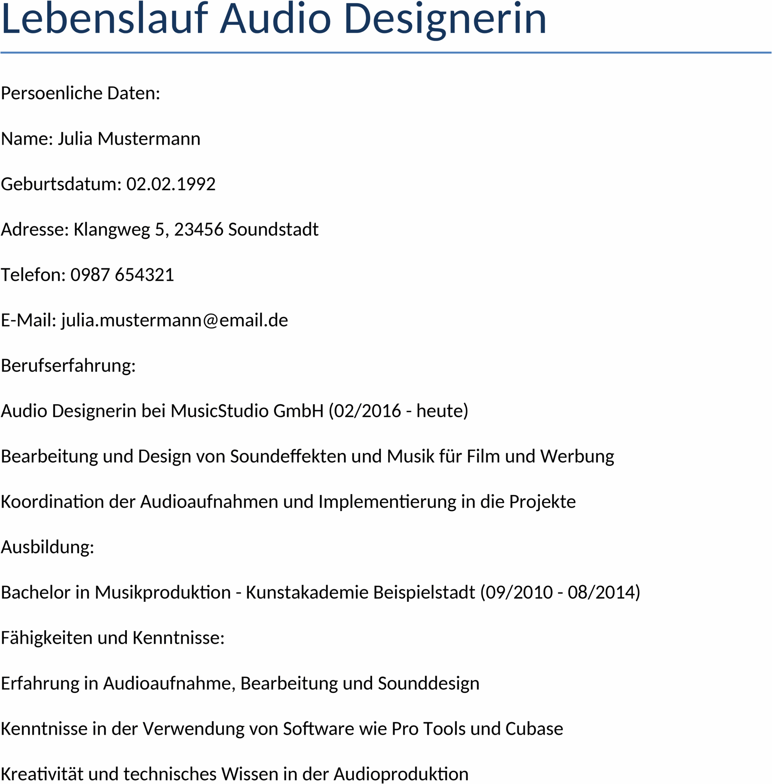 Lebenslauf für Audio-Designerin – Word-Dokument