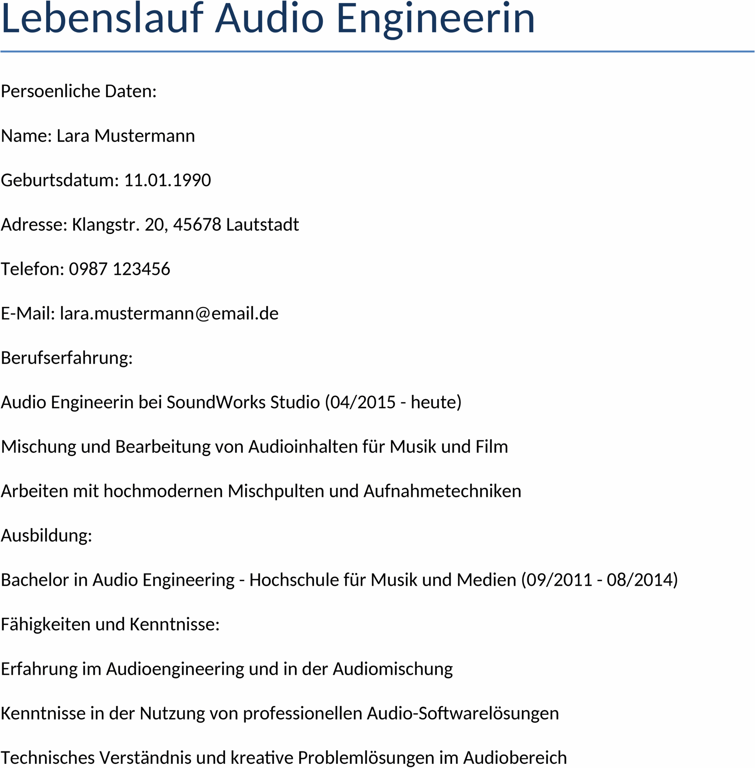 Lebenslauf für Audio-Engineer im Word-Format