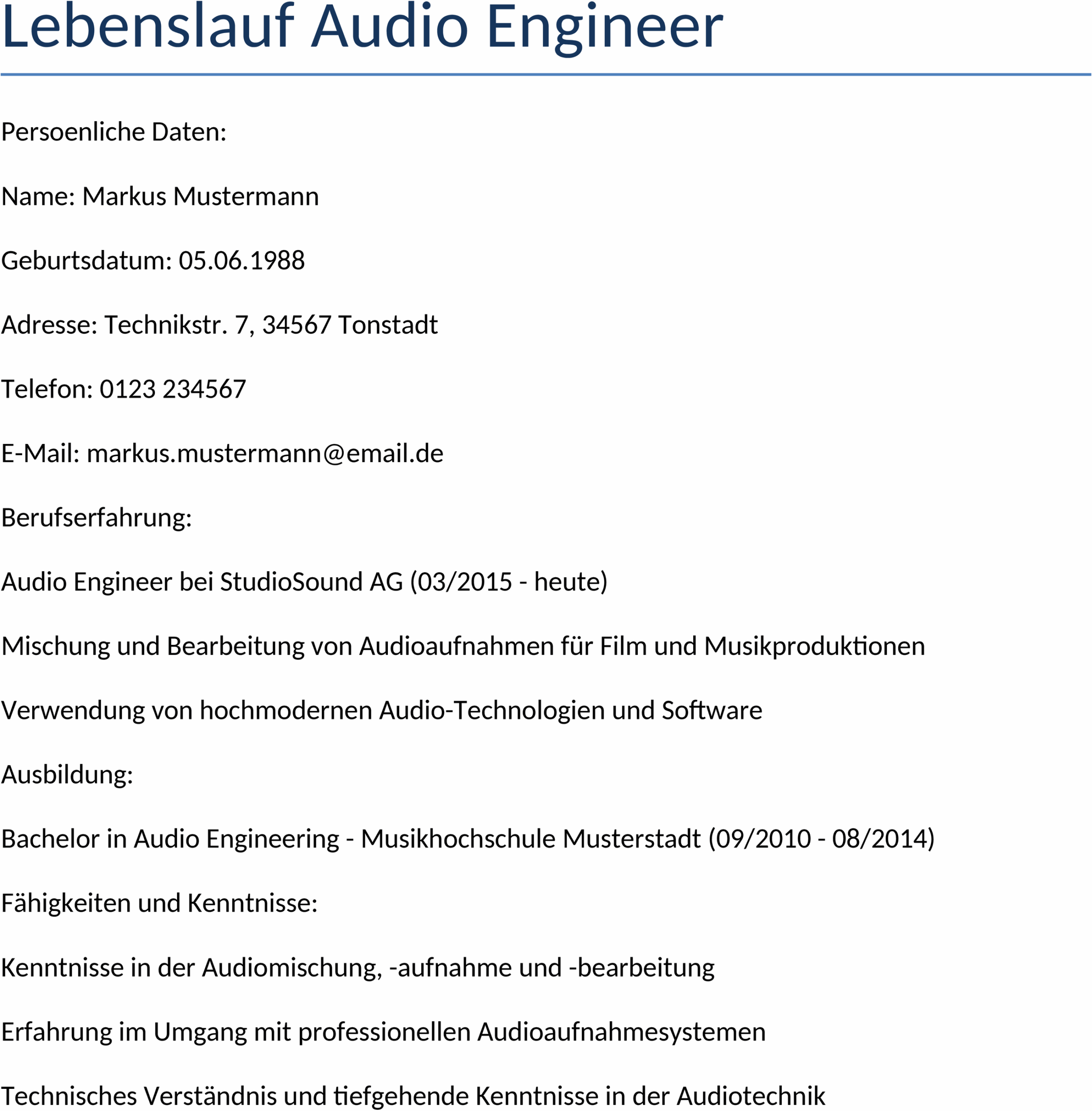 Word-Vorlage Lebenslauf Audio Engineer