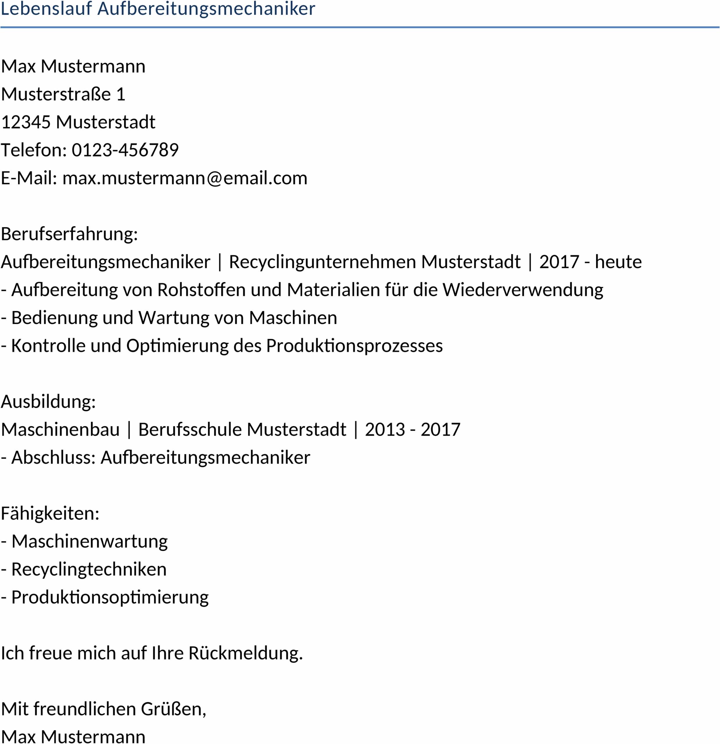 Lebenslauf für Aufbereitungsmechaniker im Word-Format
