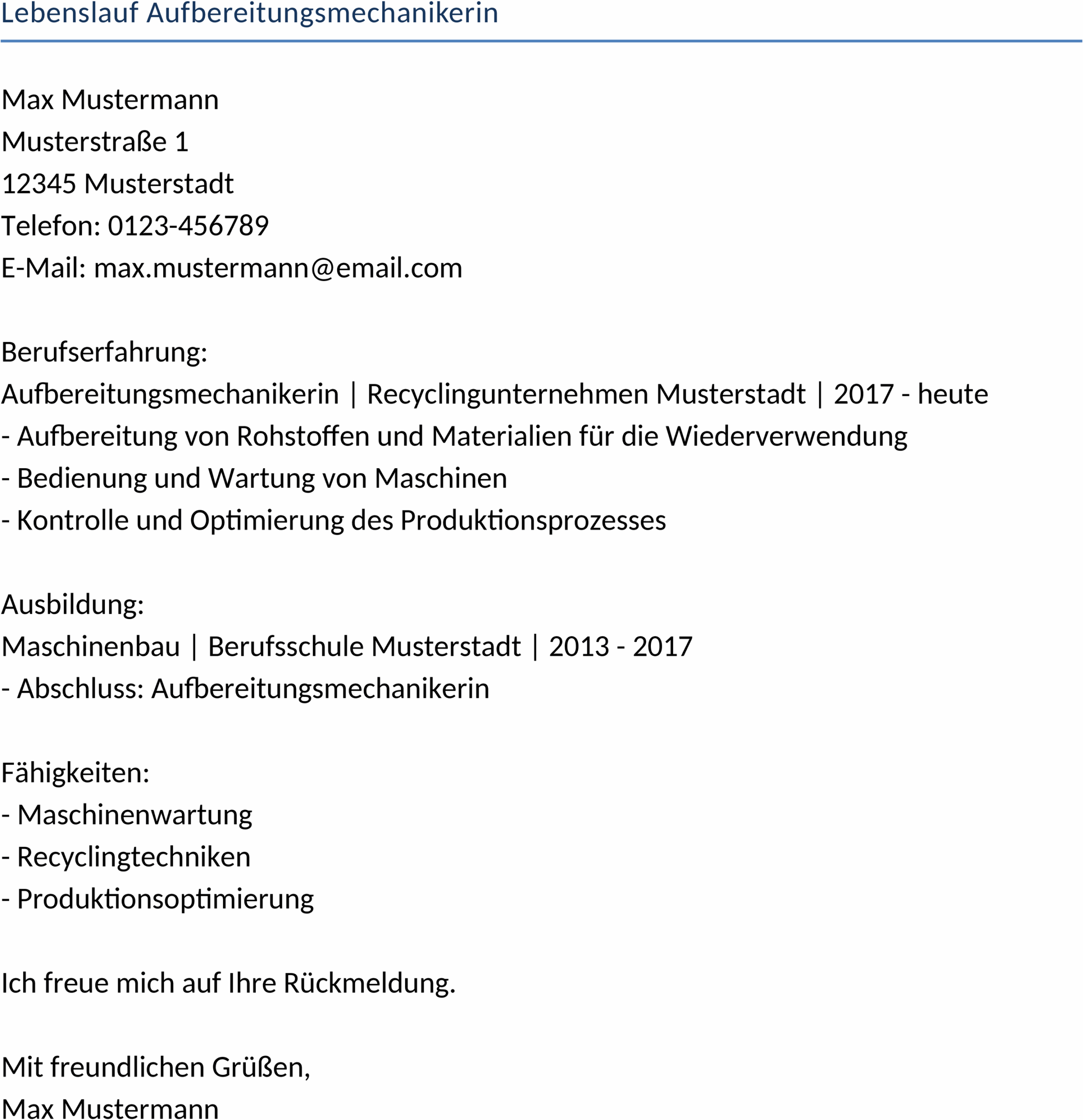 Word-Vorlage Lebenslauf Aufbereitungsmechanikerin