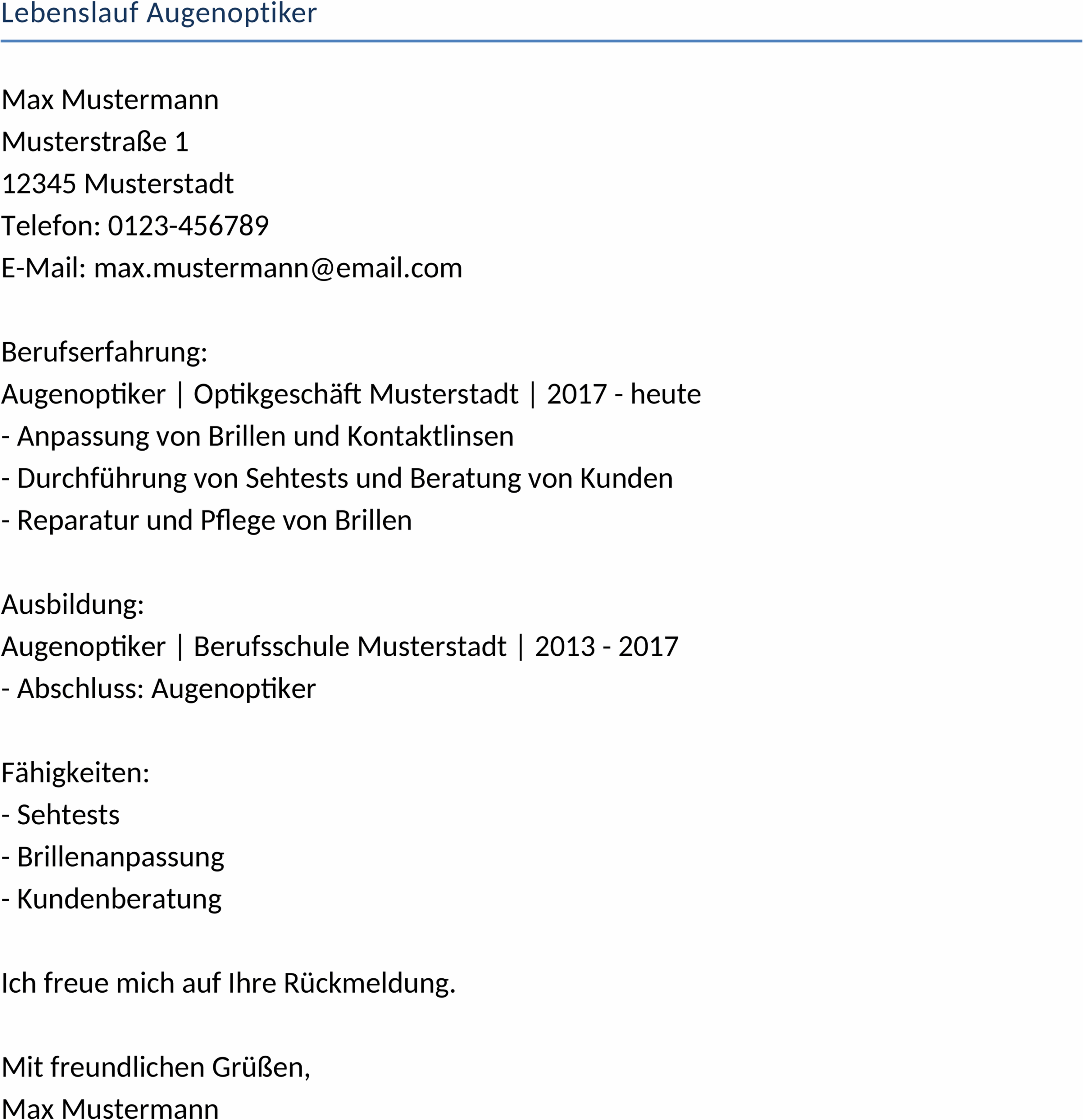 Lebenslauf für Augenoptiker: Word-Dokument