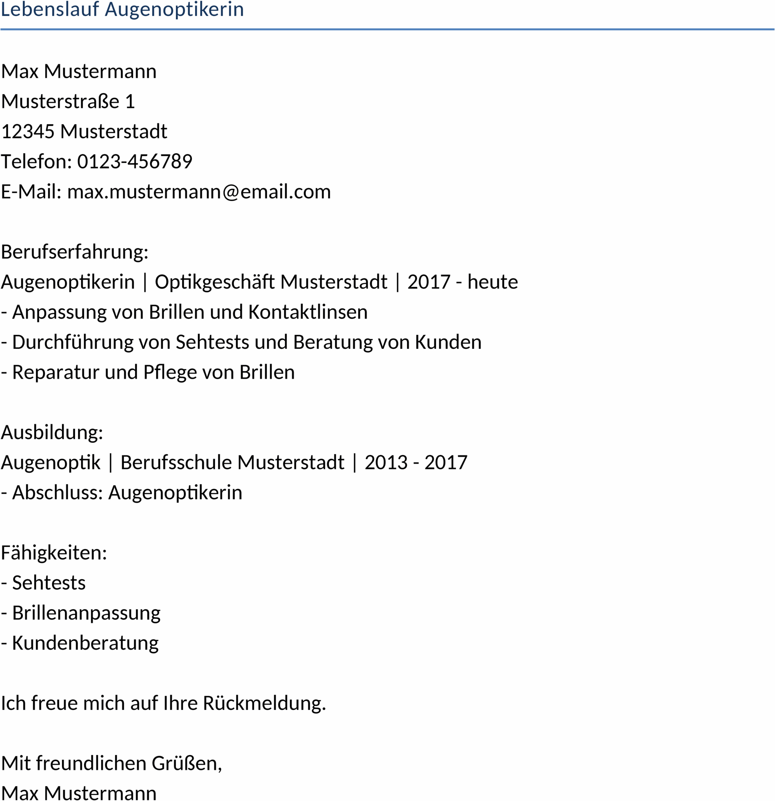 Lebenslauf für Augenoptikerin als Word-Dokument