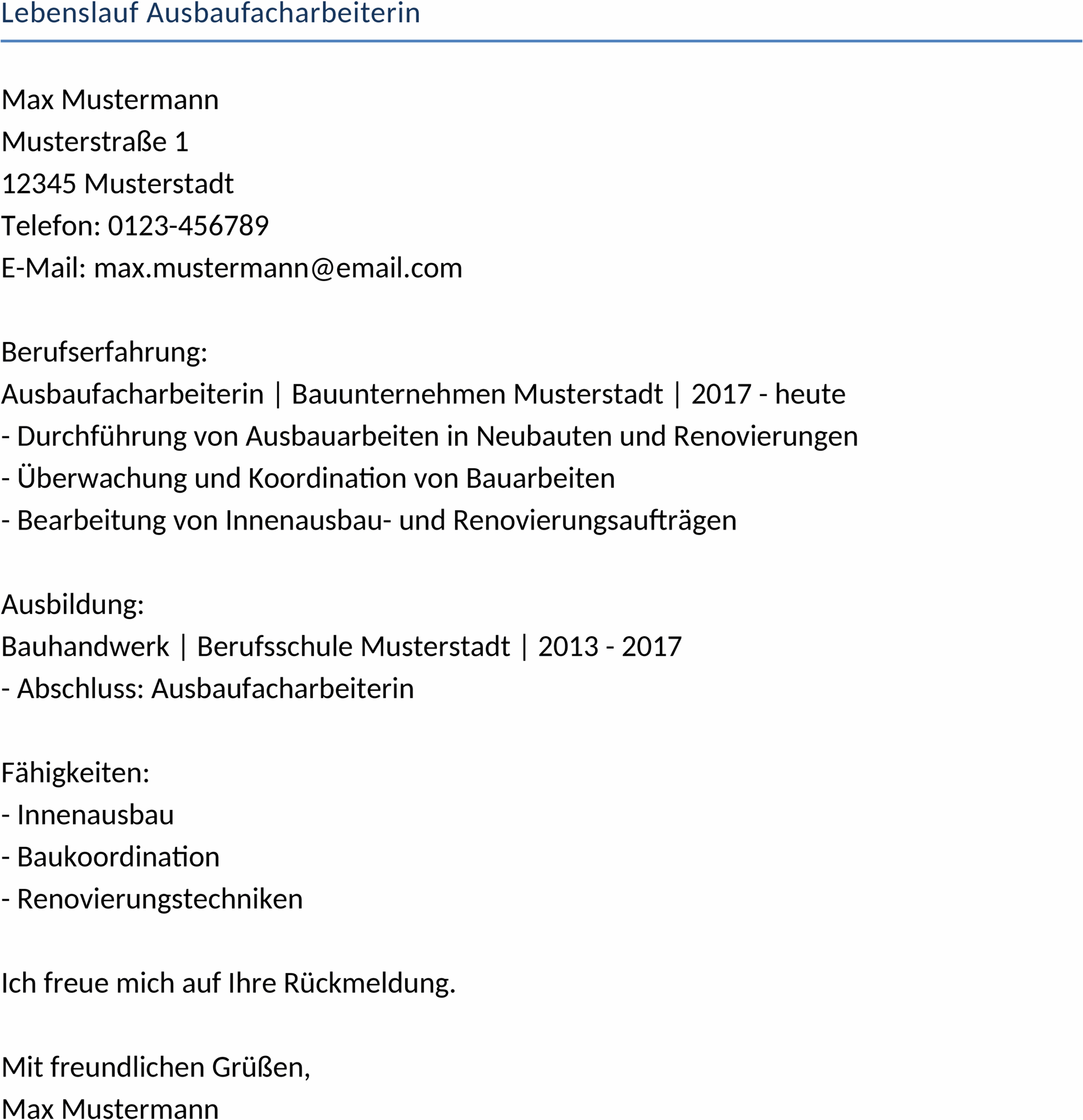 Lebenslauf Word-Vorlage für Ausbaufacharbeiterin