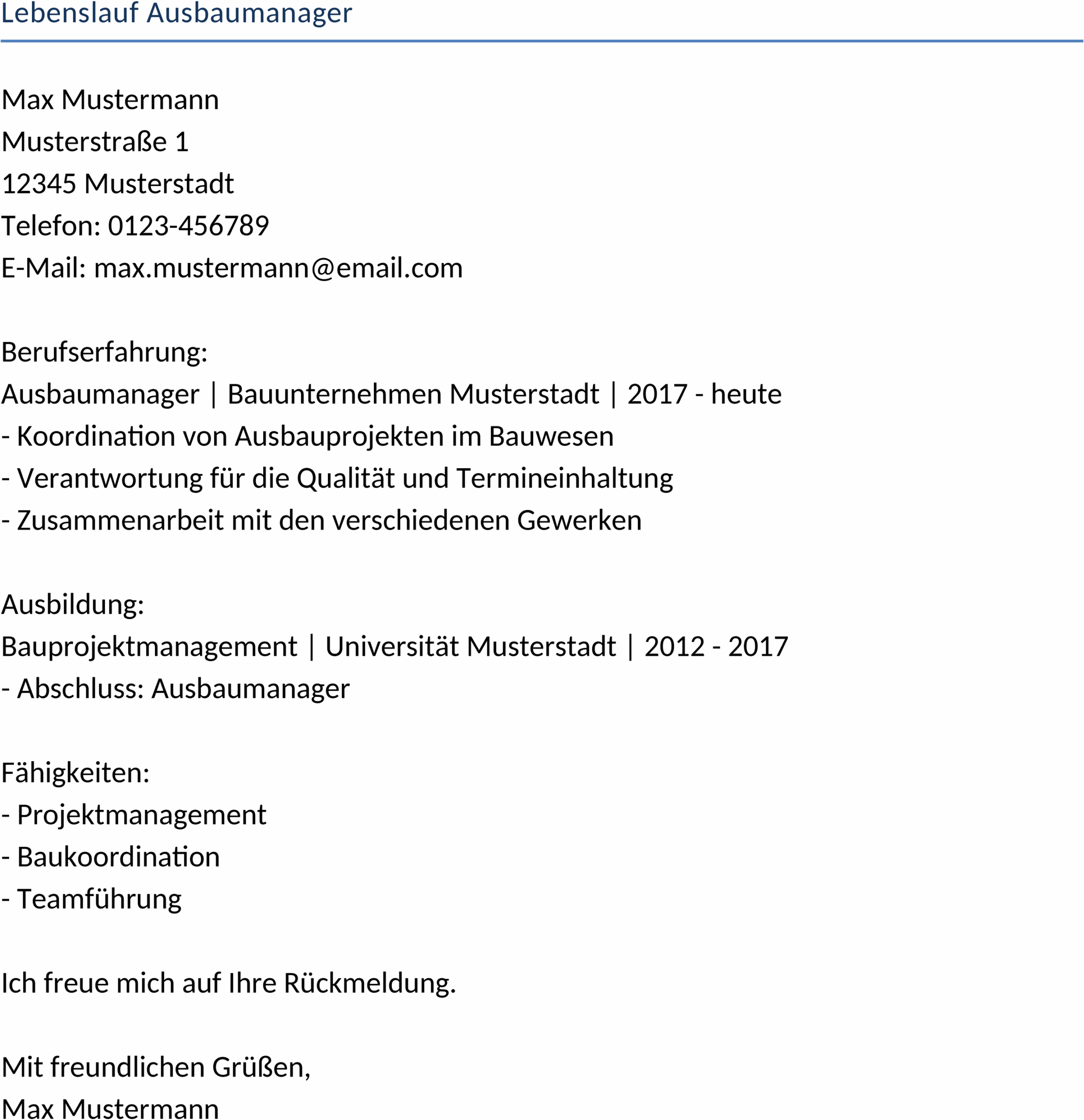 Lebenslauf für Ausbaumanager im DOCX-Format