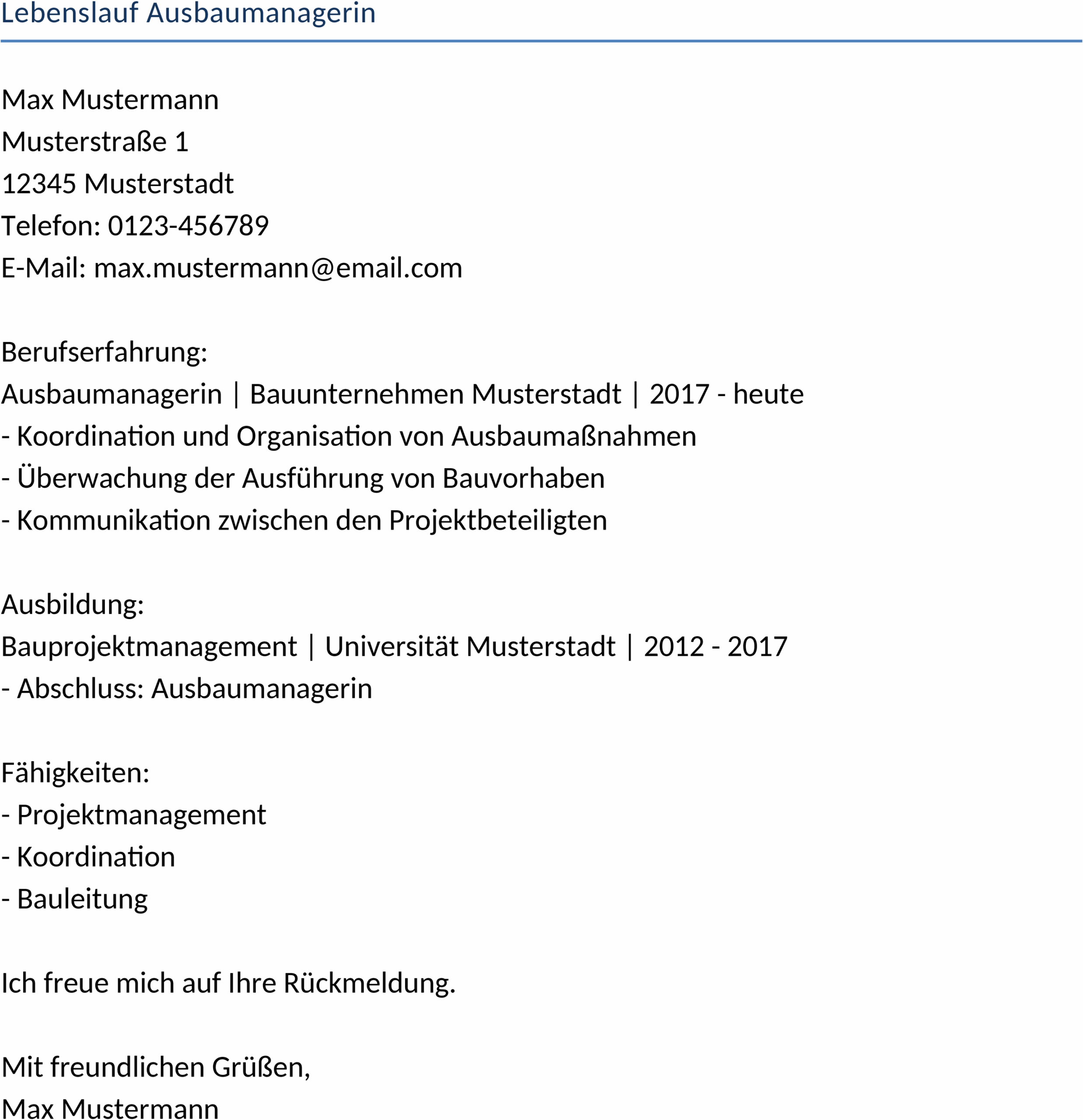 Lebenslauf für Ausbaumanagerin im Word-Format