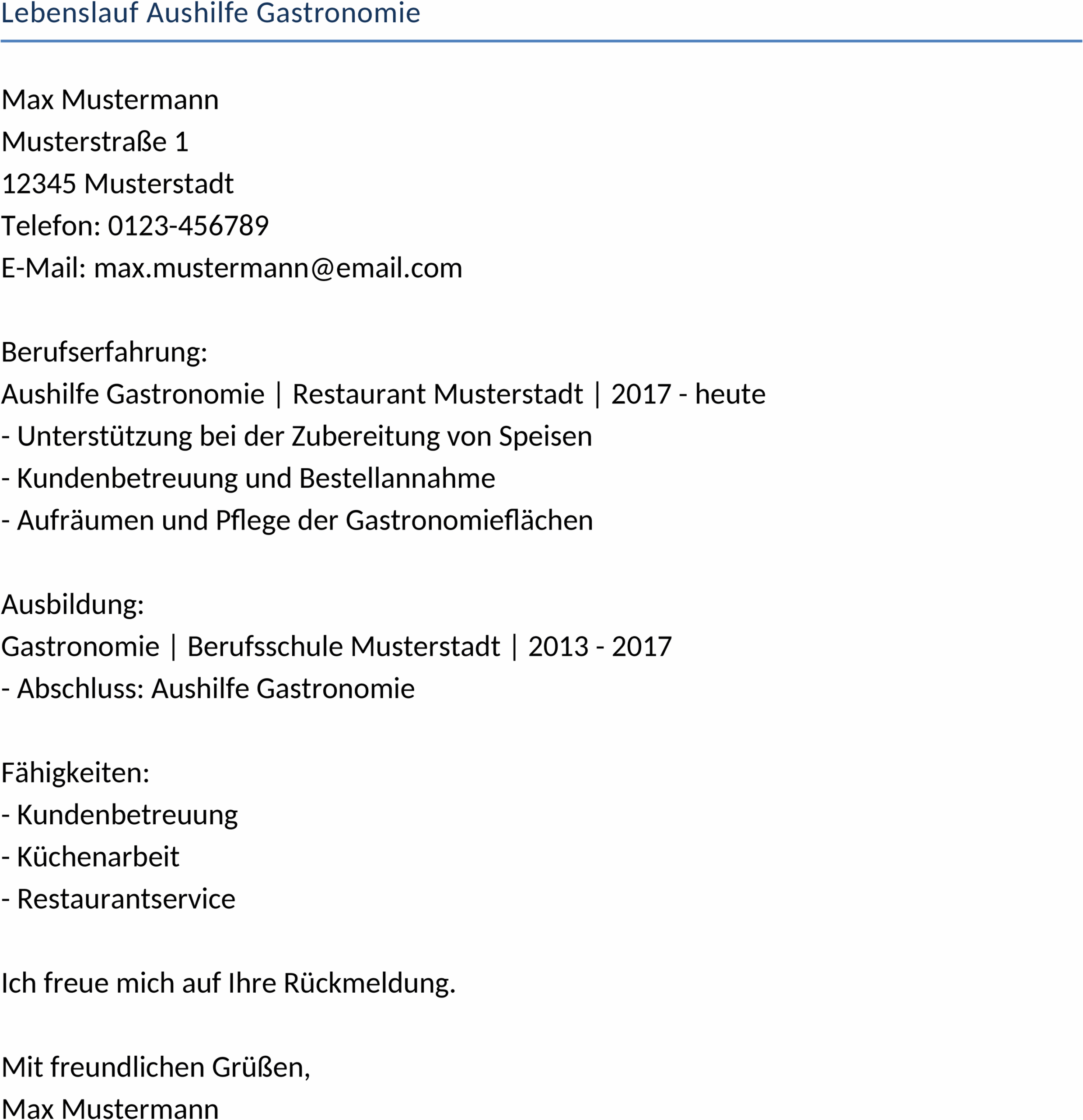 Lebenslauf Aushilfe Gastronomie Word
