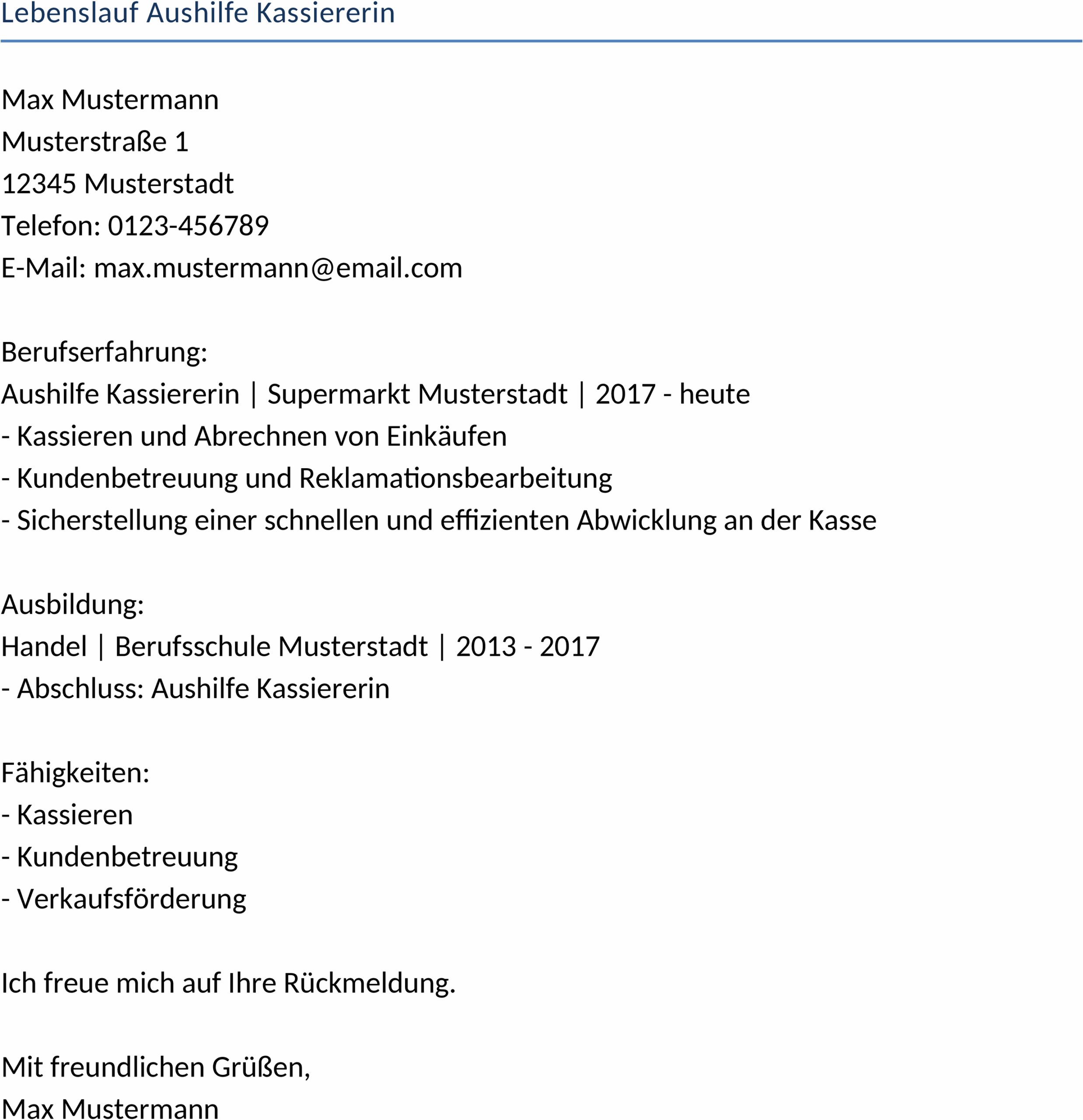 Word-Vorlage: Lebenslauf für Aushilfsstelle als Kassiererin