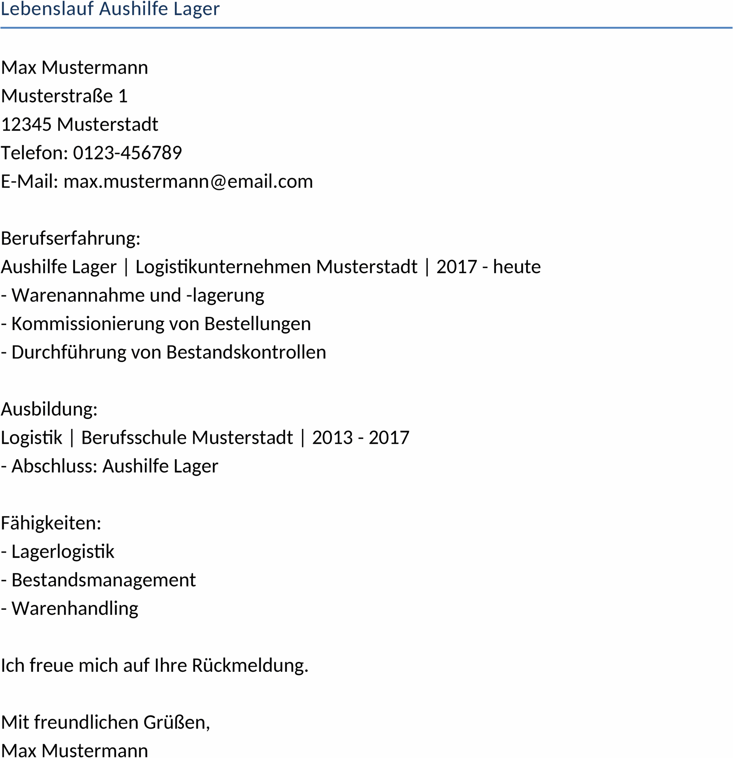 Lebenslauf für Aushilfe im Lager - DOCX