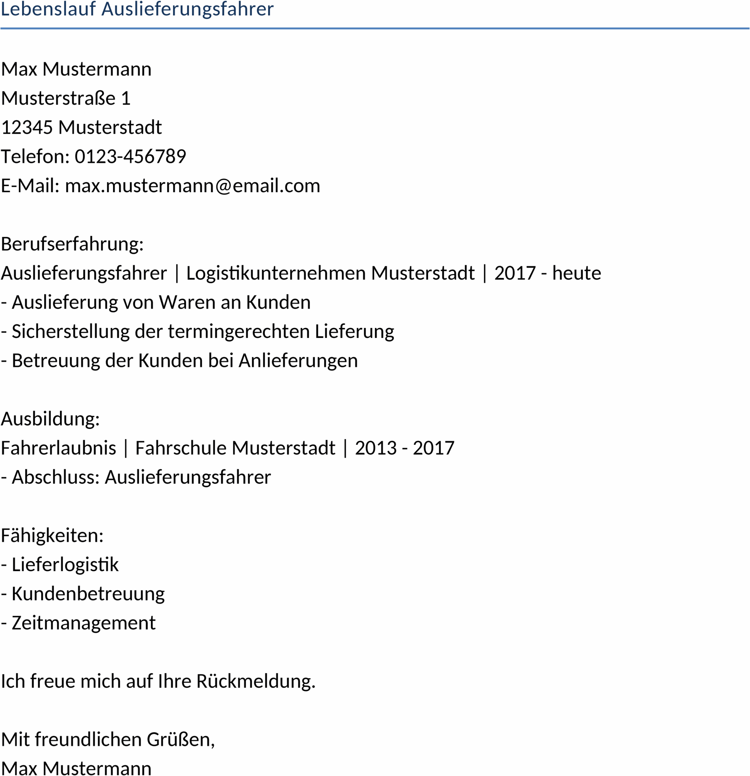 Lebenslauf im Word-Format für Auslieferungsfahrer