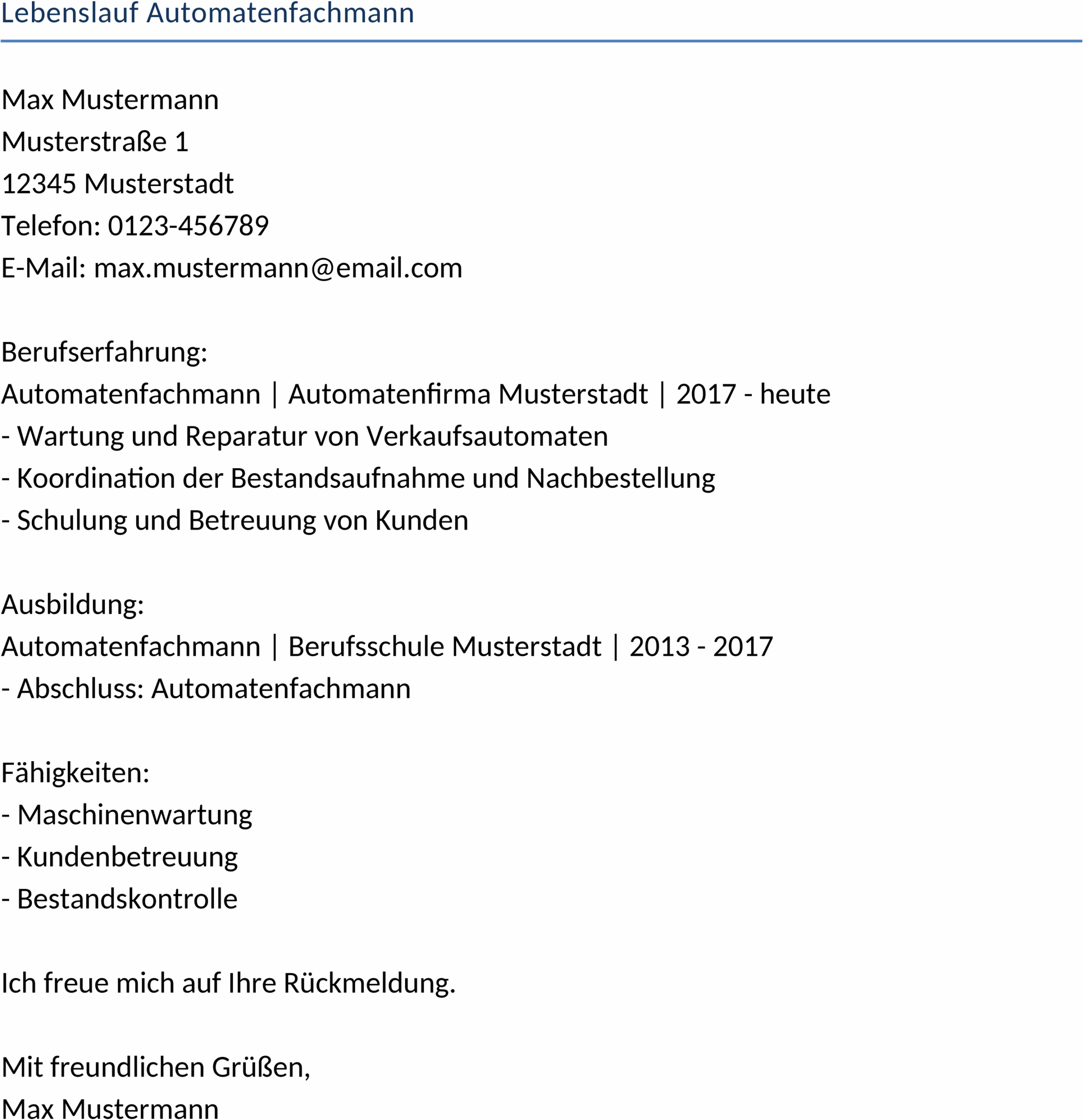 Lebenslauf Vorlage für Automatenfachleute