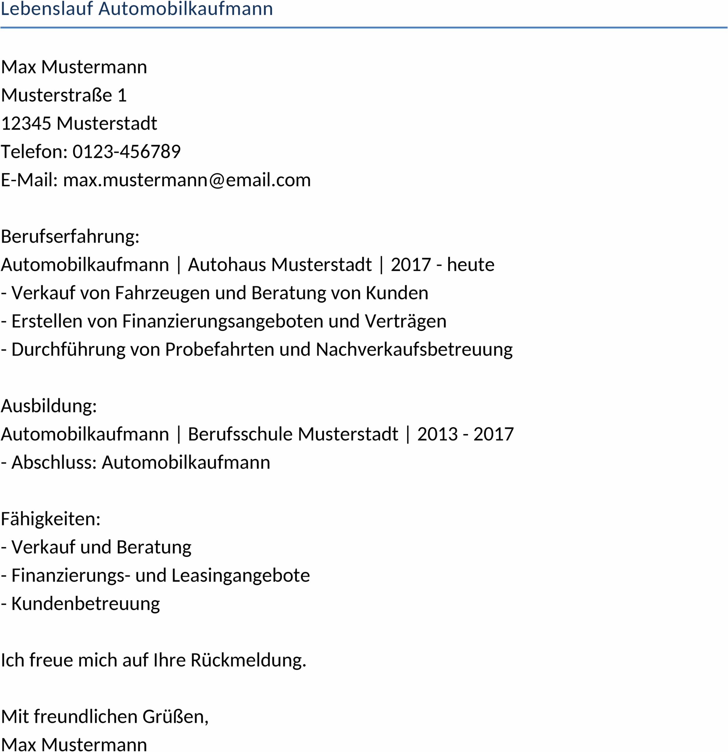 Lebenslauf Automobilkaufmann Word-Dokument