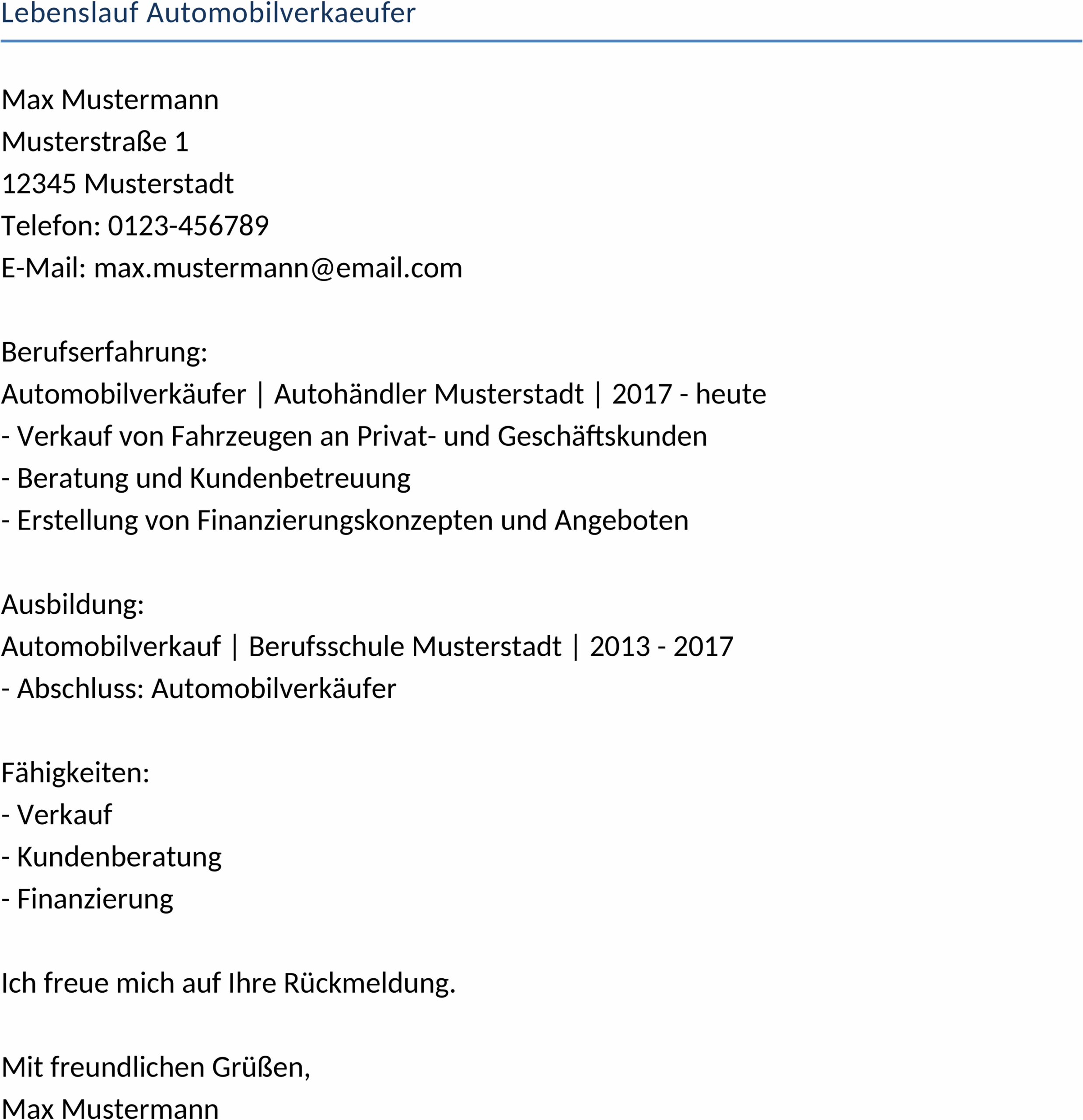 Lebenslauf Automobilverkaeufer Word