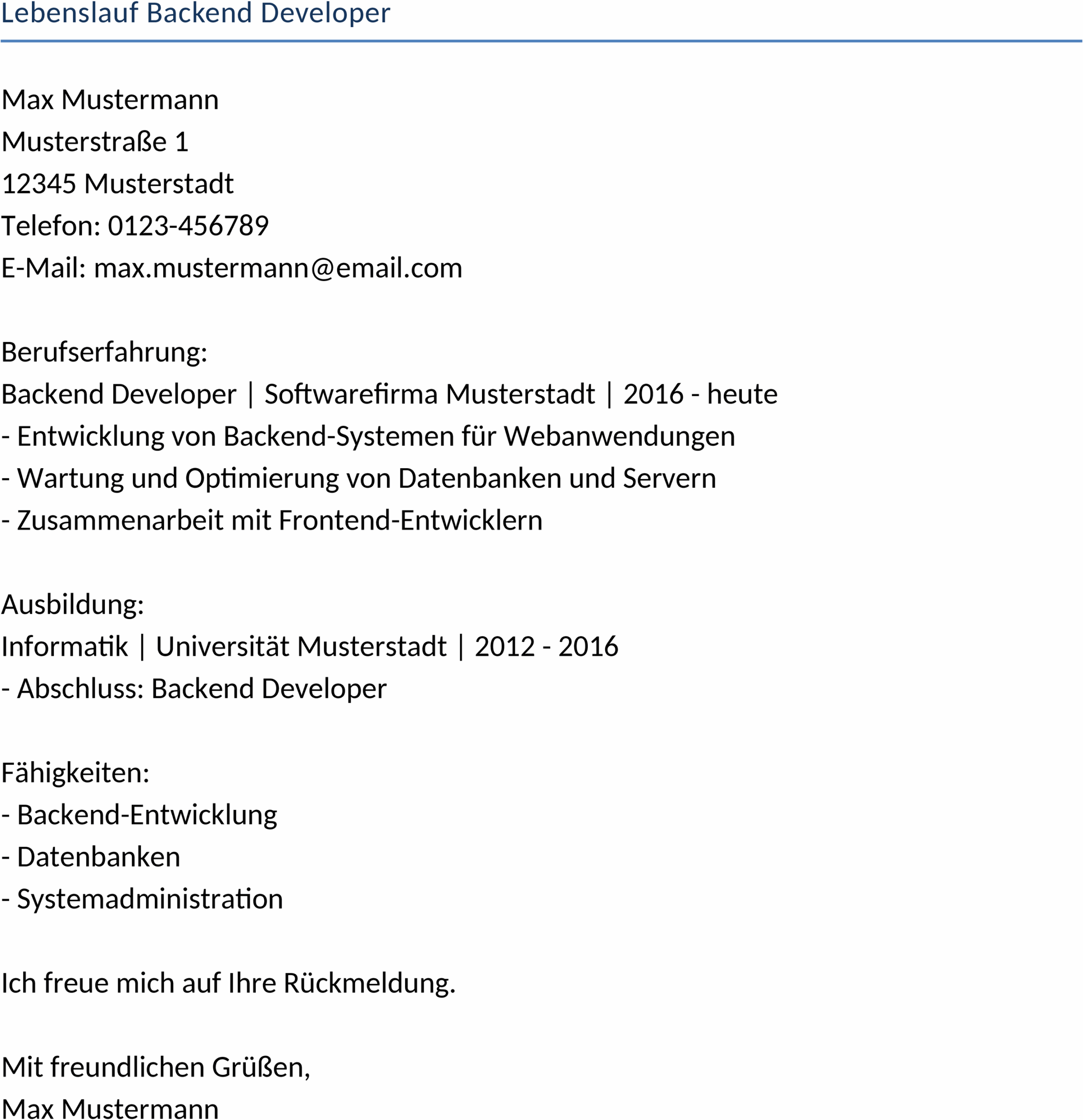 Lebenslauf-Word-Vorlage für Backend-Entwickler