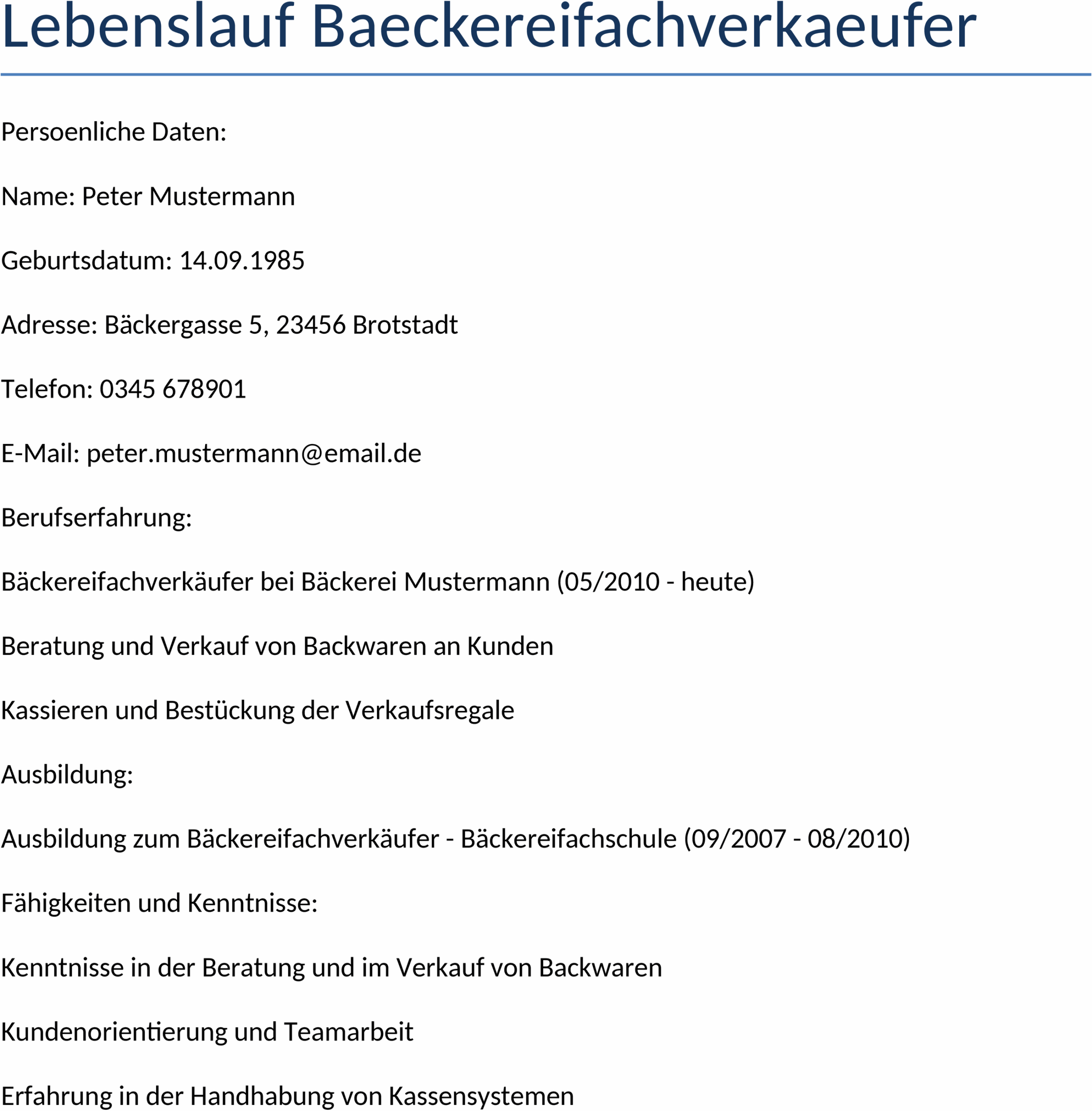 Lebenslauf Bäckereifachverkäufer Word