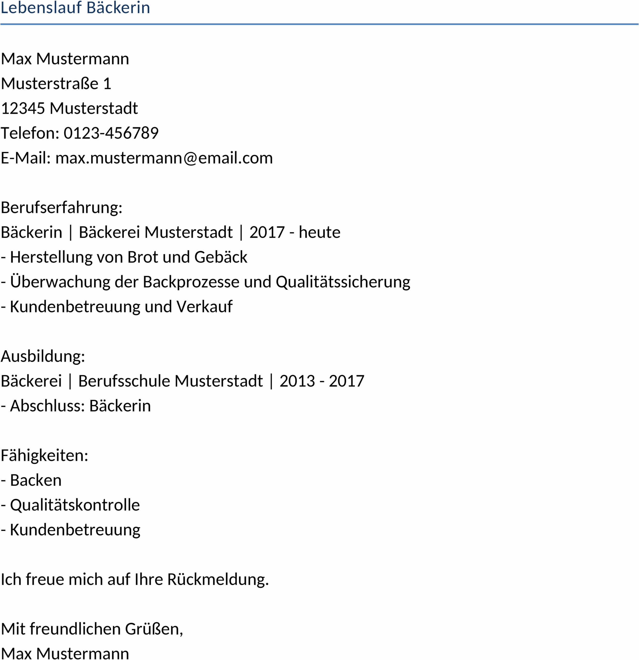 Lebenslauf Bäckerin Word-Datei