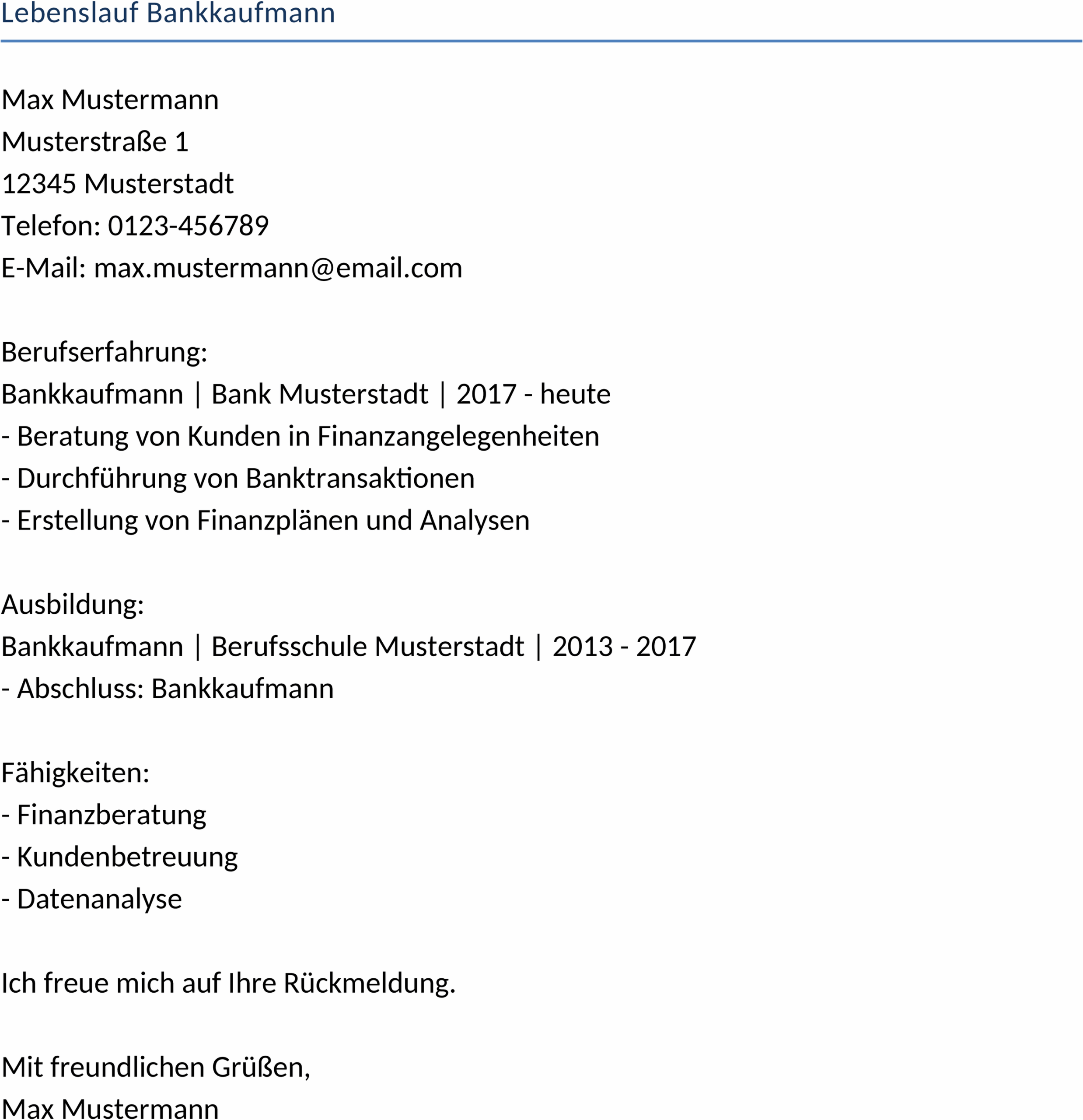 Lebenslauf Bankkaufmann Word Vorlage