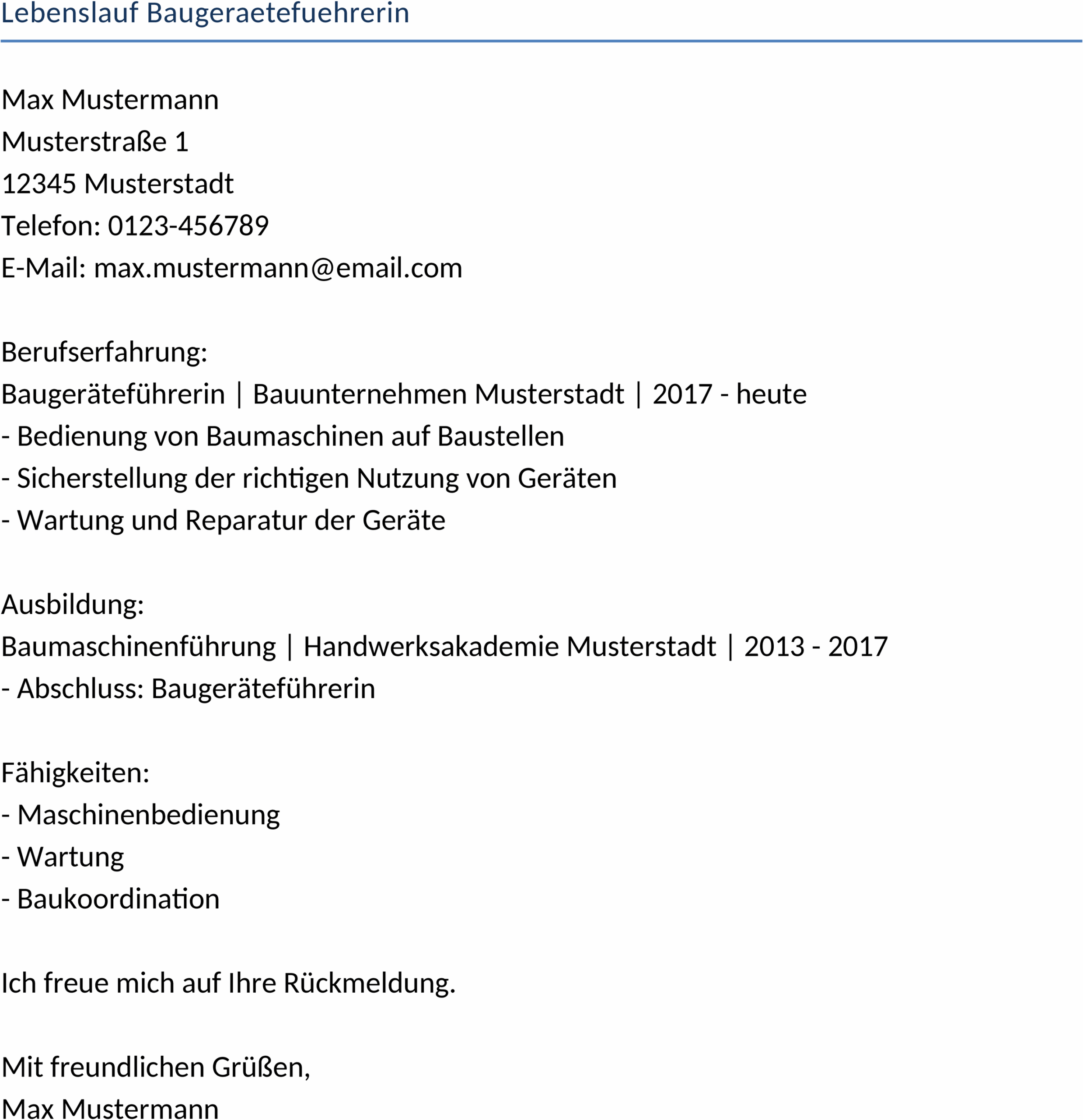 Lebenslauf-Word-Template für Baugeräteführerin