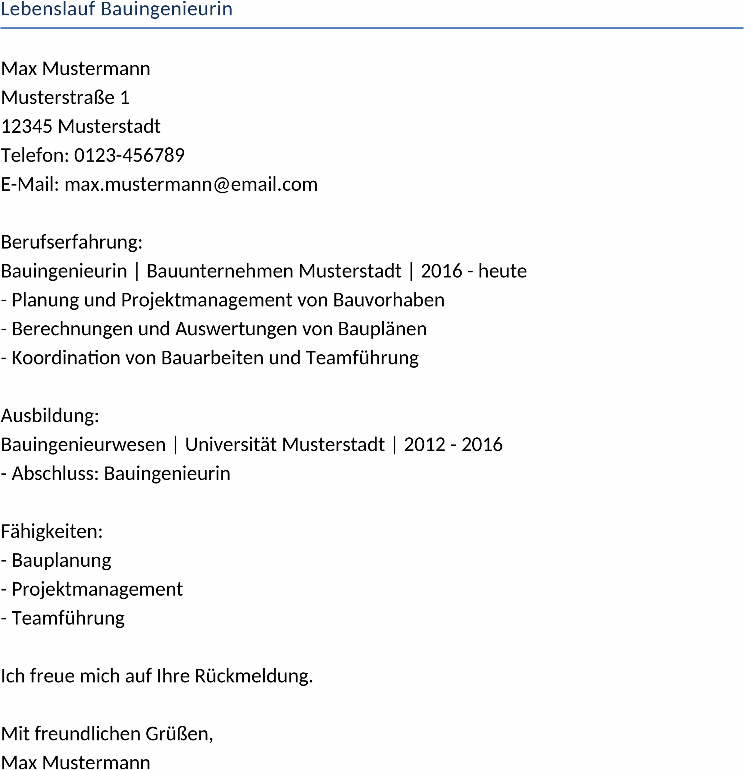 Lebenslauf Bauingenieurin Word Vorlage
