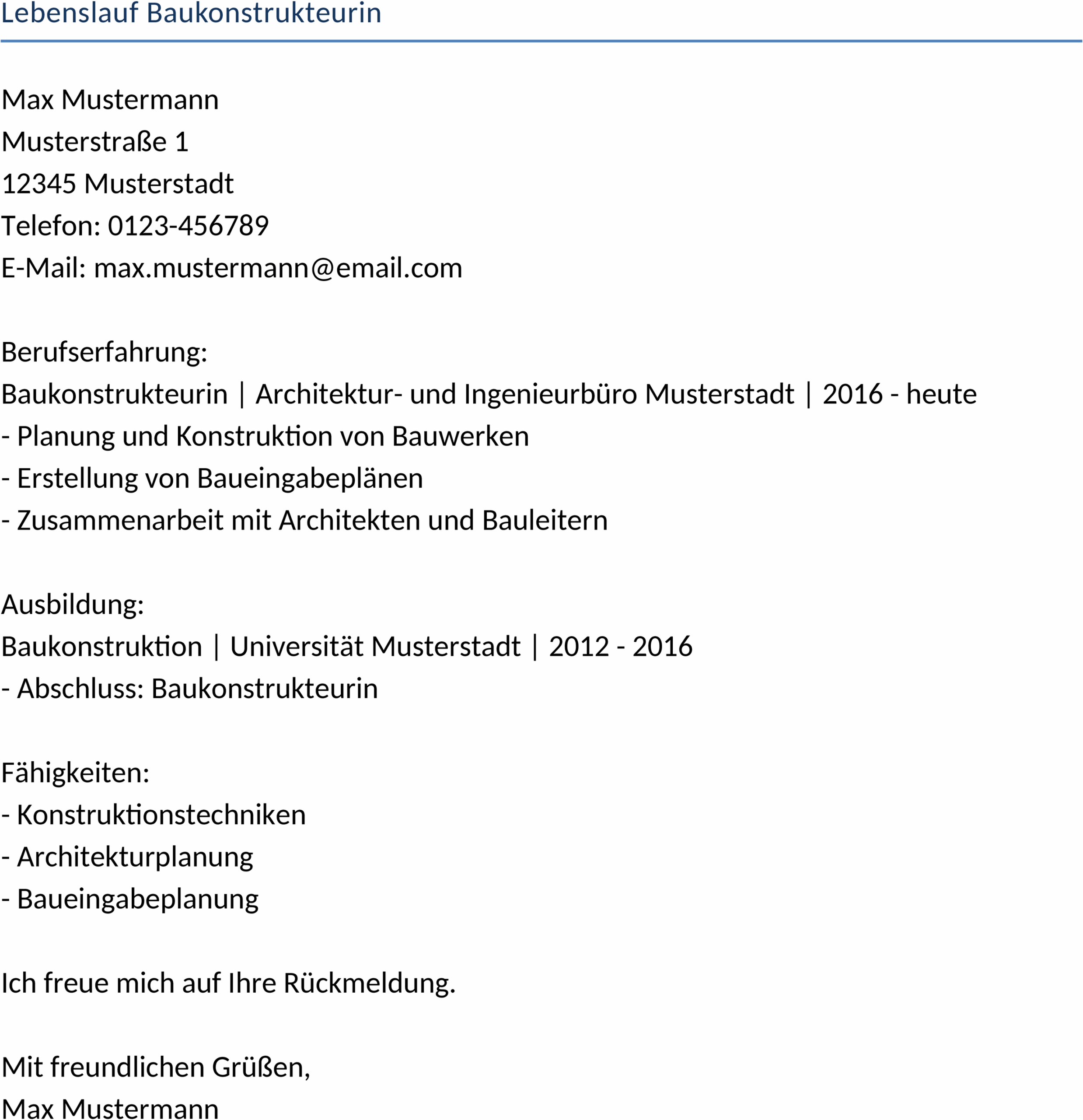Lebenslauf Baukonstrukteurin Word