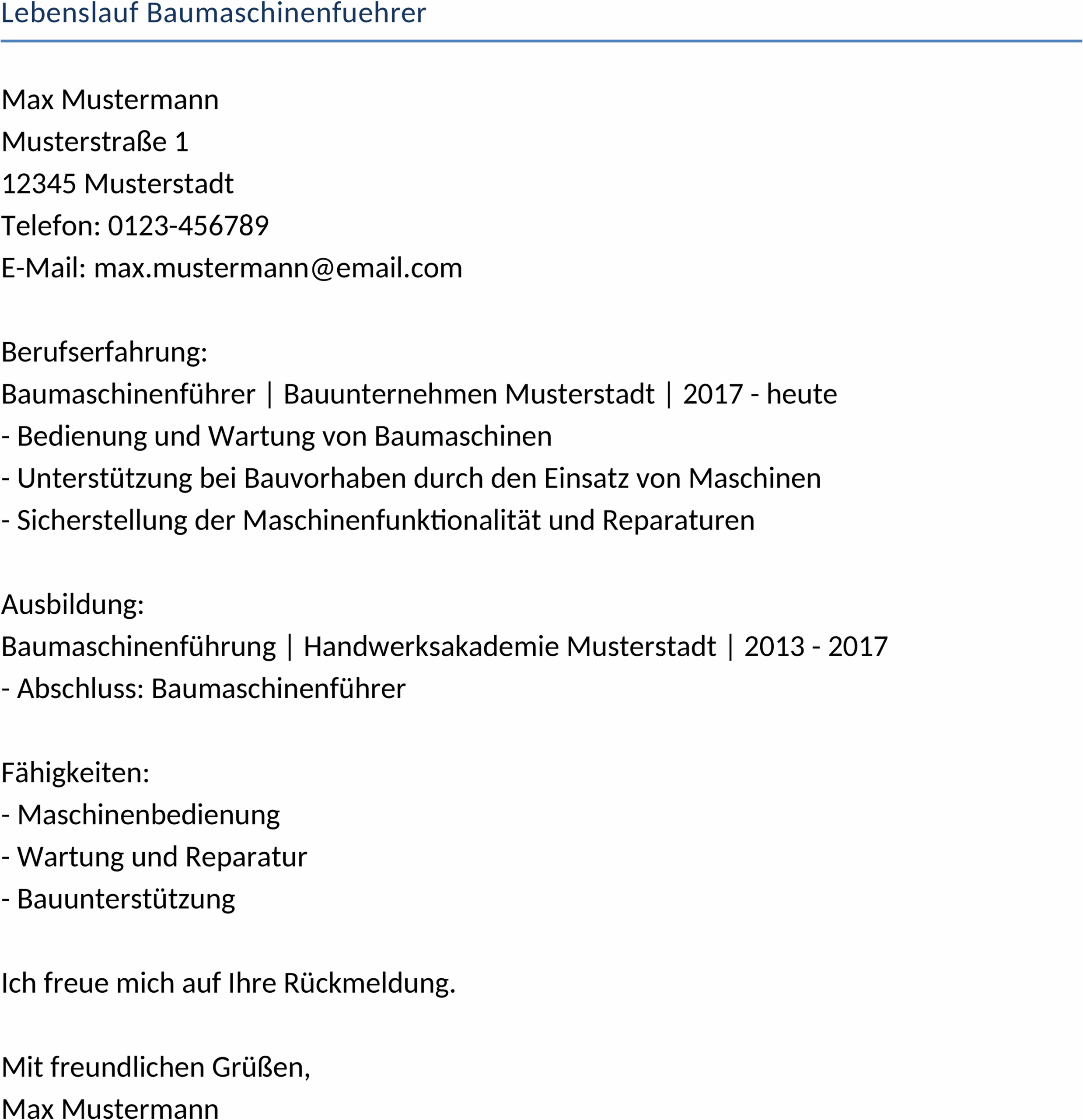 Lebenslauf für Baumaschinenführer - Word-Dokument