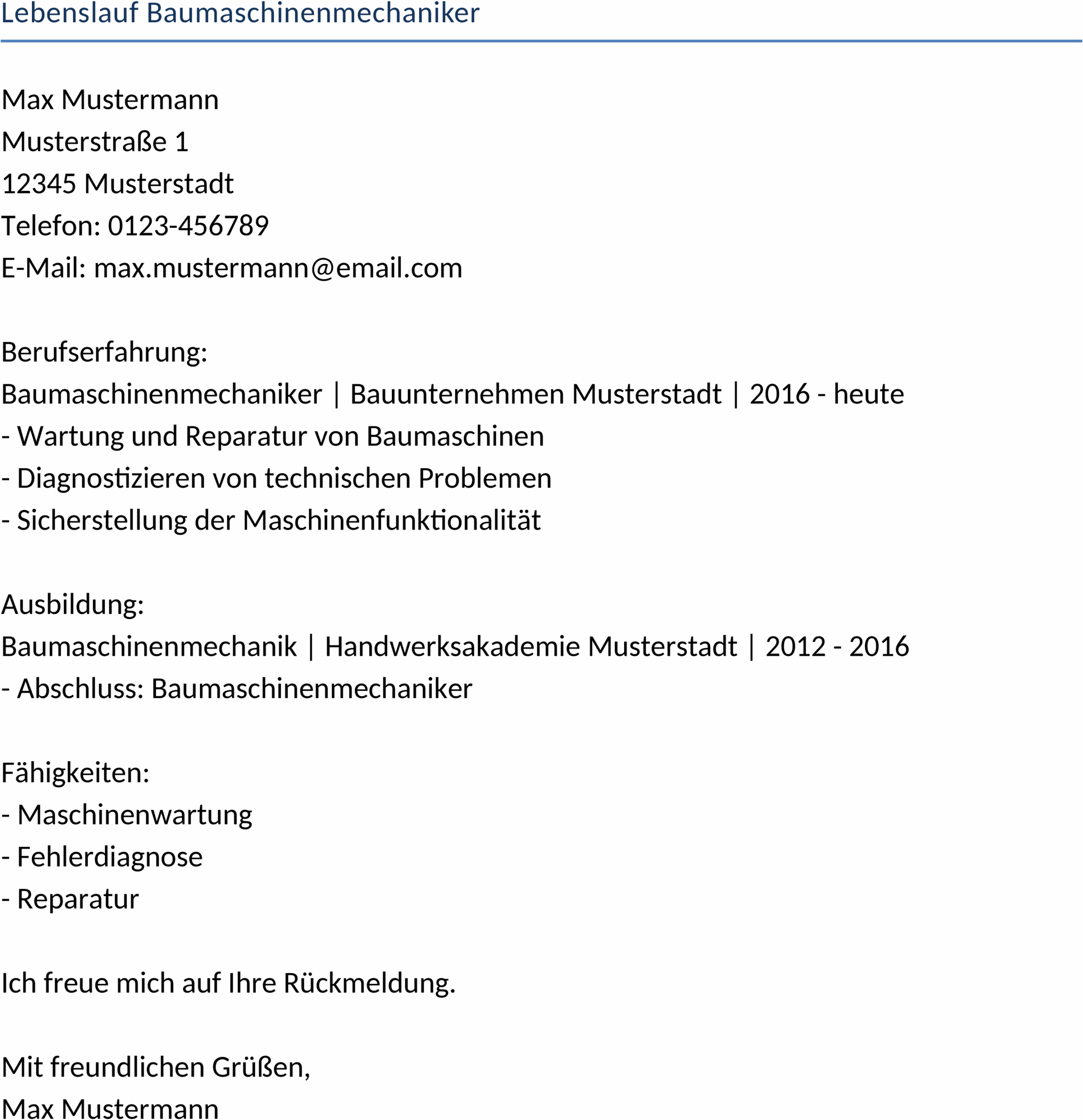 Lebenslauf für Baumaschinenmechaniker
