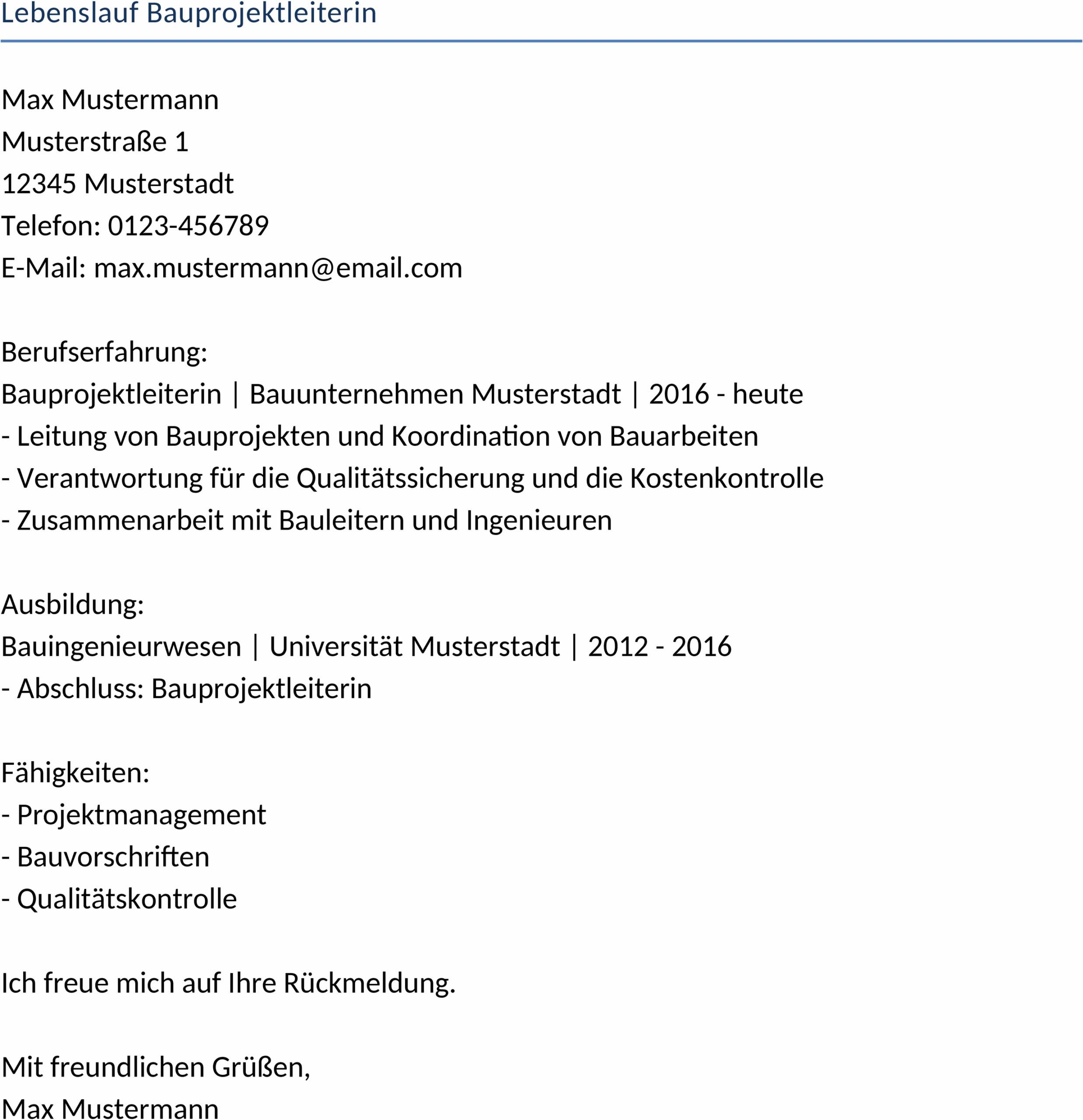 Lebenslauf für Bauprojektleiterin