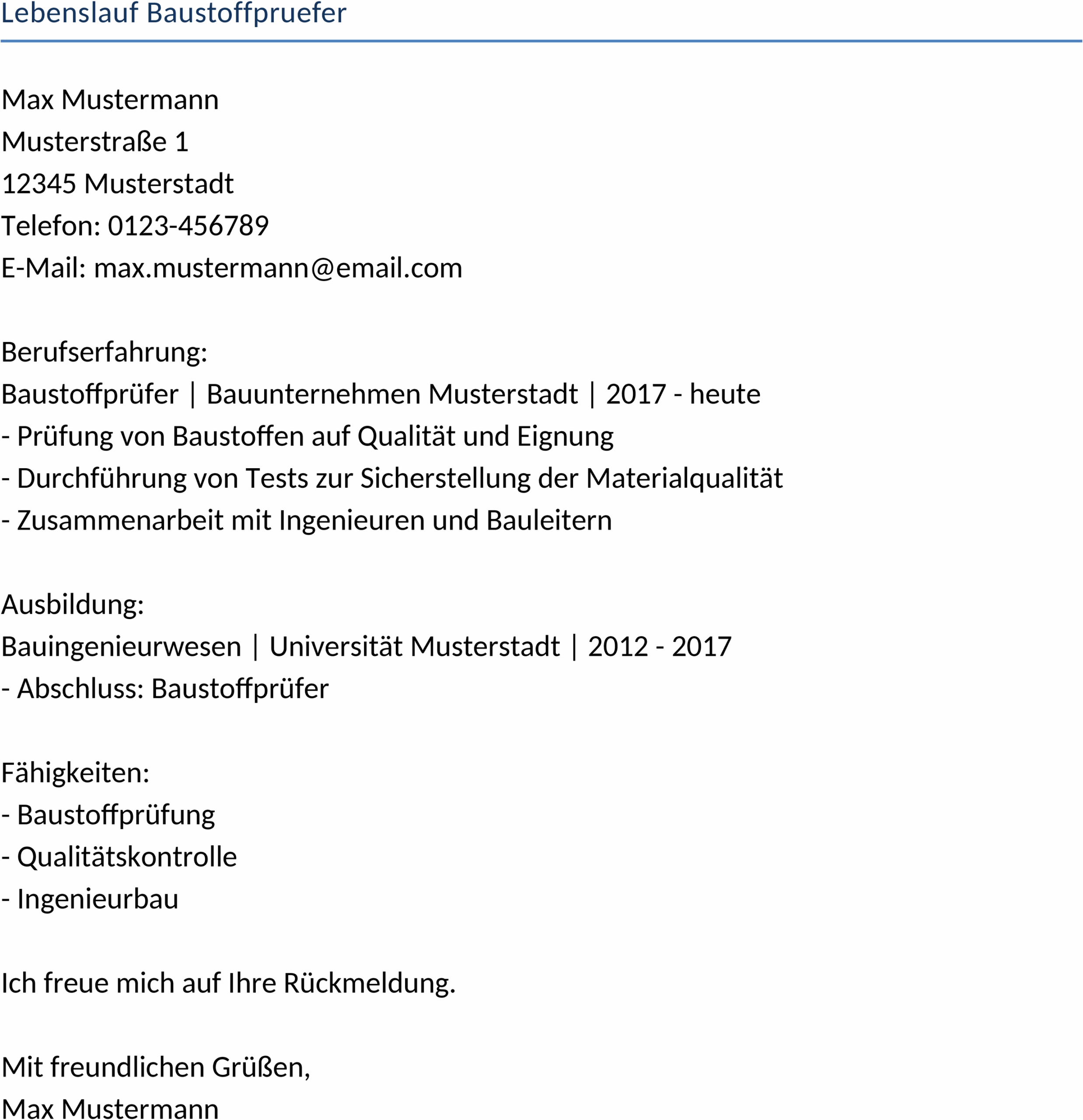 Lebenslauf für Baustoffprüfer im DOCX-Format