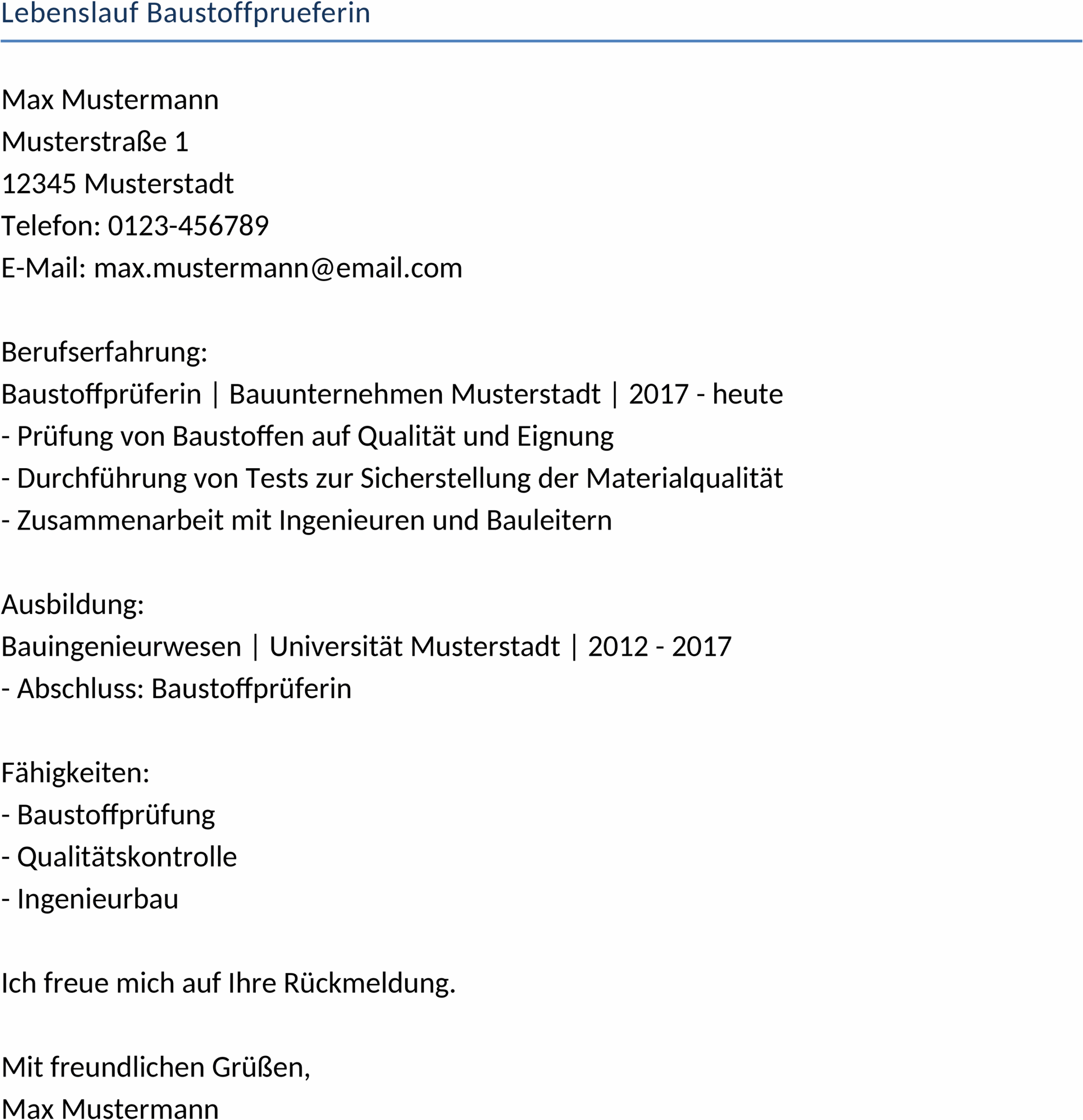 Lebenslauf Vorlage Baustoffprüferin