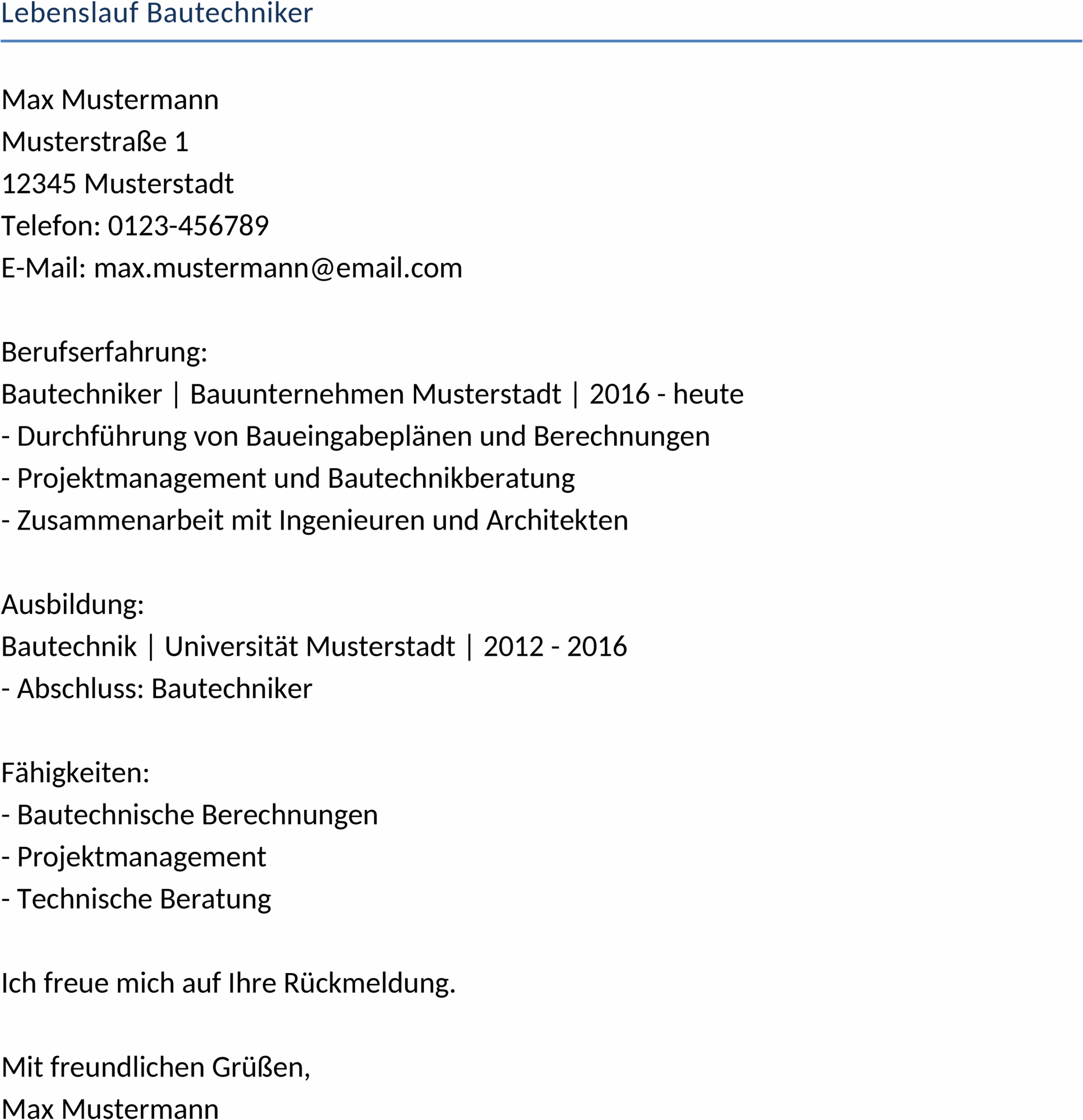Lebenslauf-Template Bautechniker
