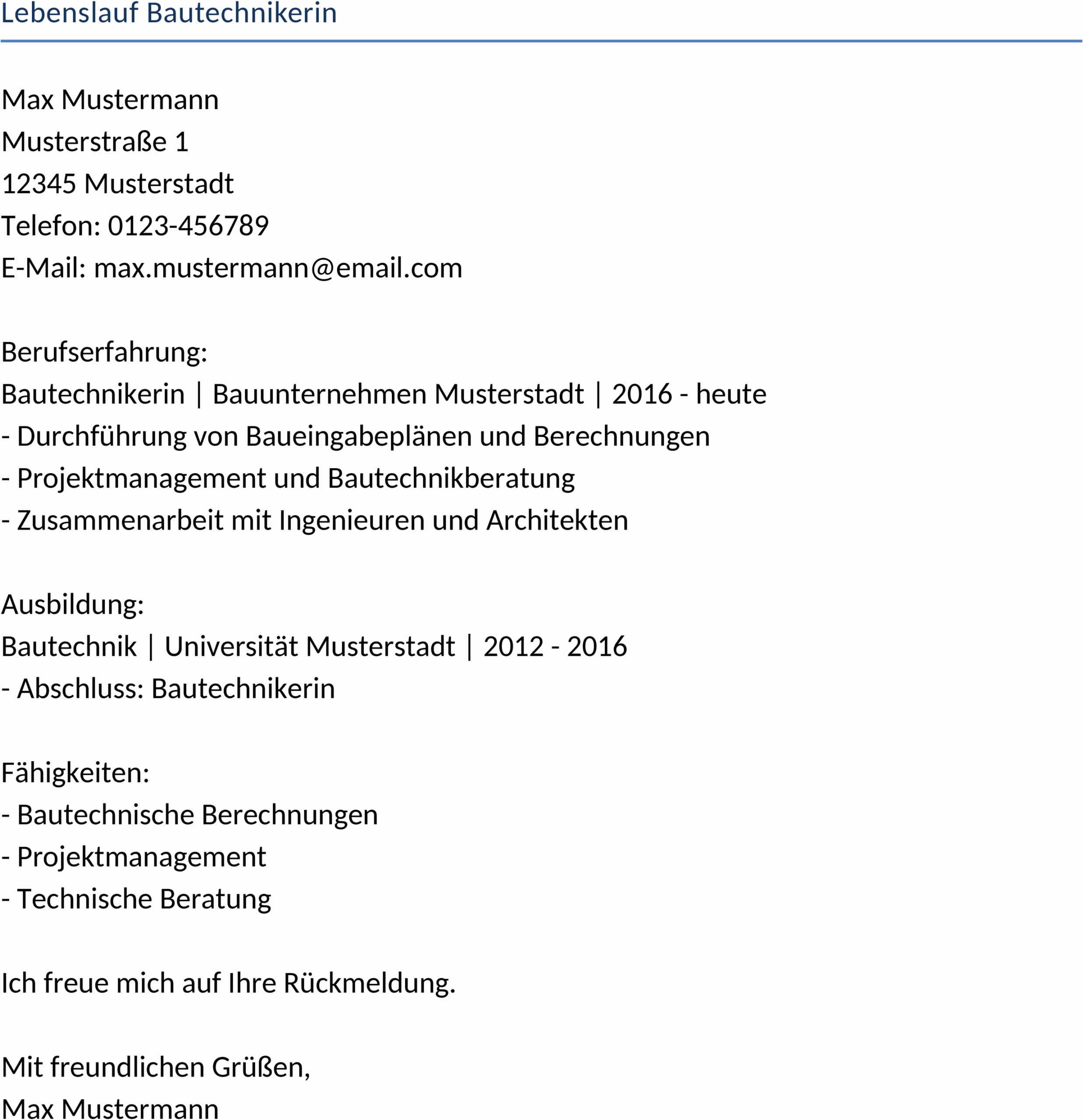 Lebenslauf als Word-Dokument für Bautechnikerin