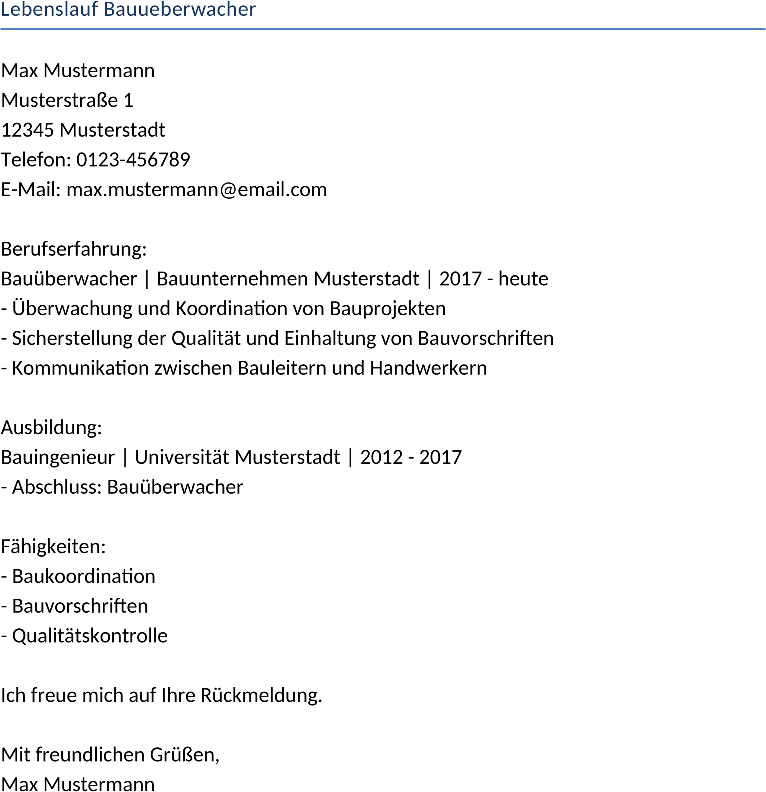 Lebenslauf Bauüberwacher Word-Vorlage