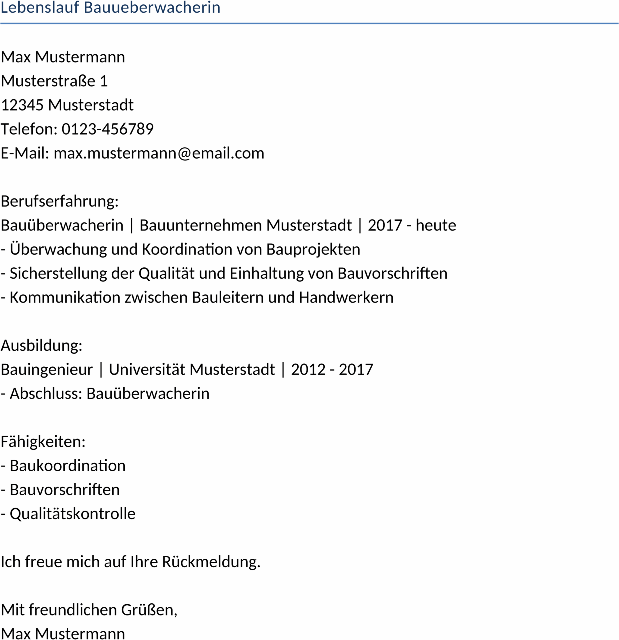 Lebenslauf Bauüberwacherin Word-Dokument