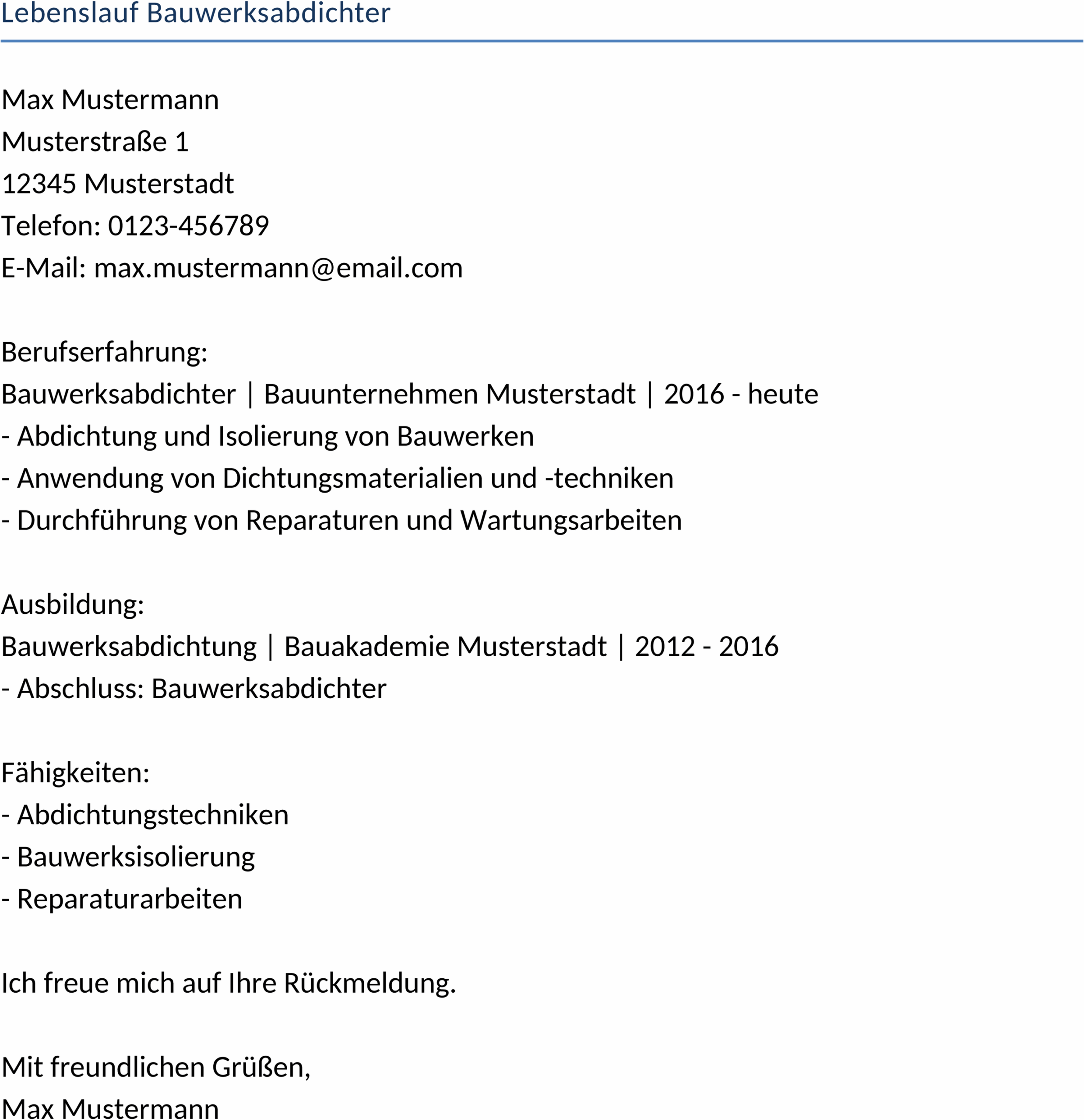 Lebenslauf für Bauwerksabdichter als Word-Dokument