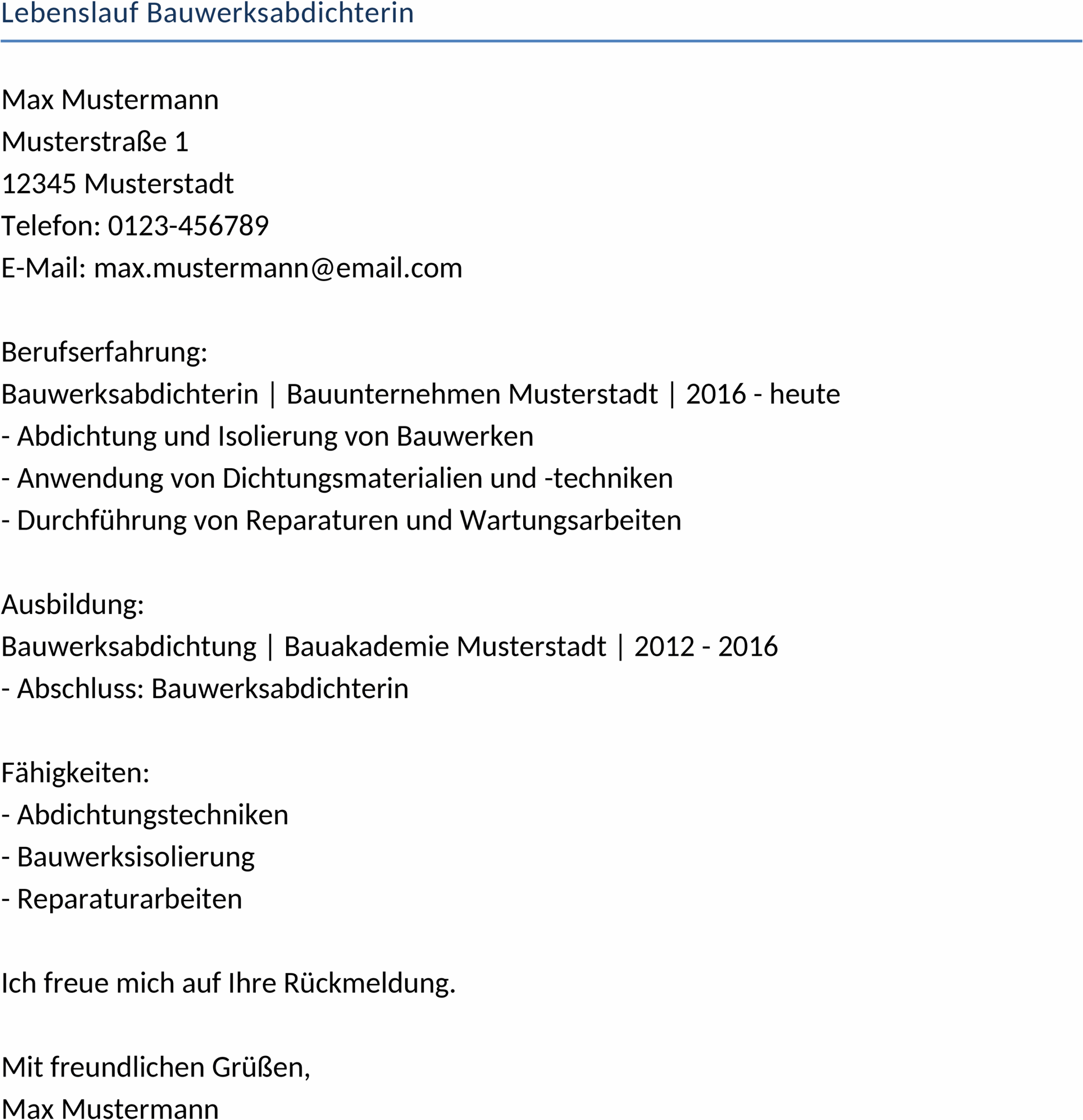 Lebenslauf im DOCX-Format für Bauwerksabdichterinnen