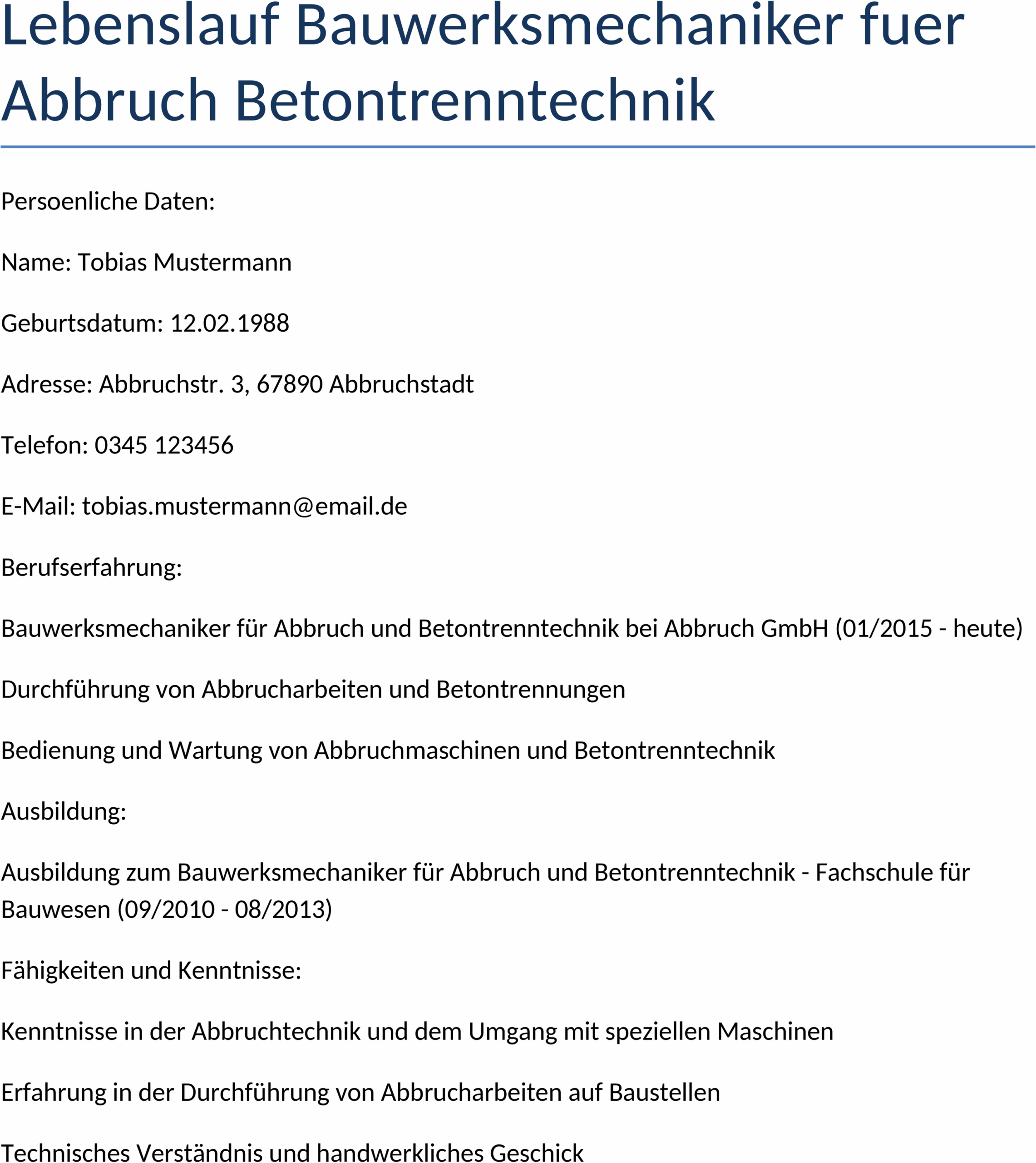 Lebenslauf für Bauwerksmechaniker in Abbruch und Betontrenntechnik