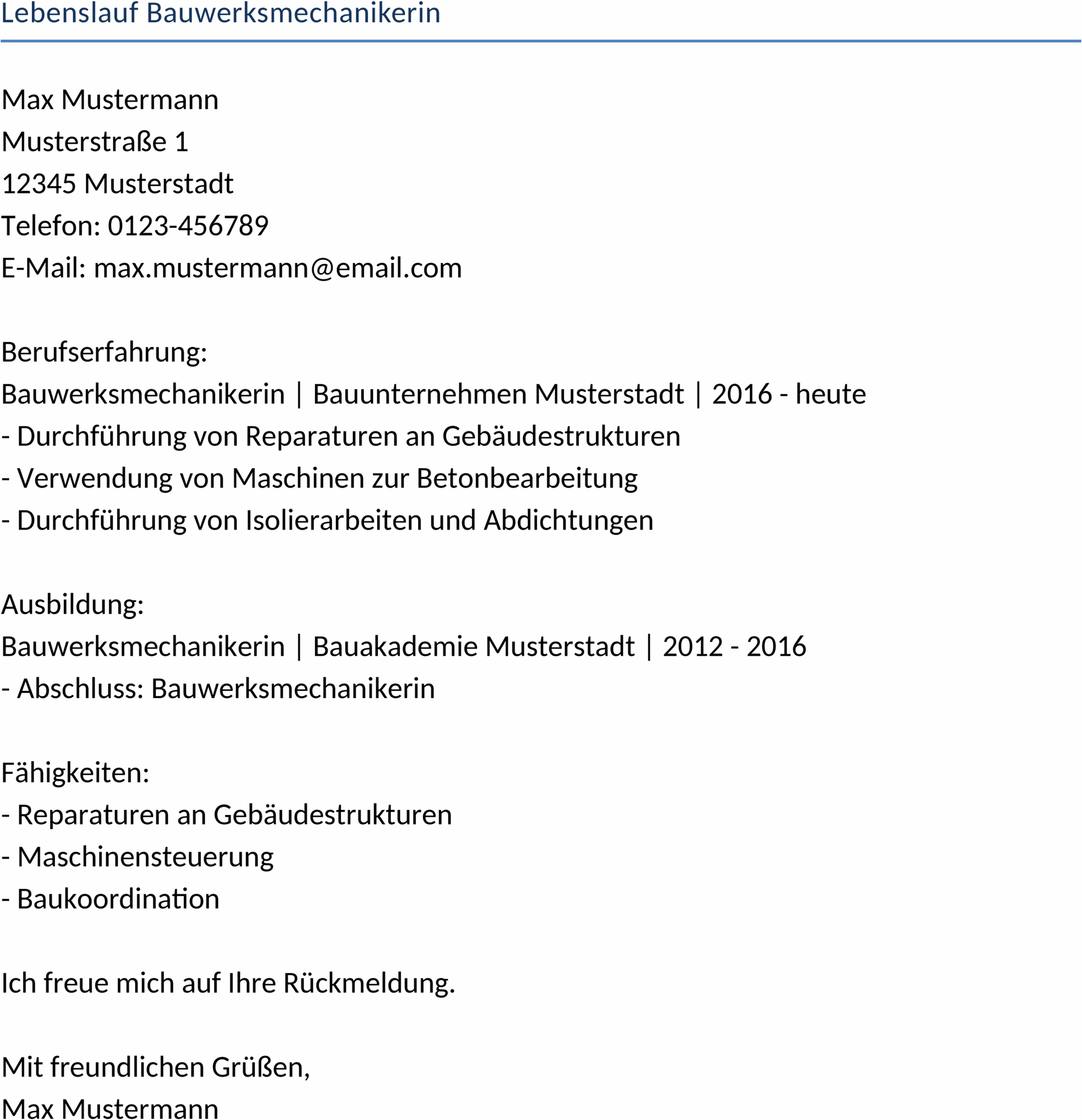 Lebenslauf für Bauwerksmechanikerin im DOCX-Format