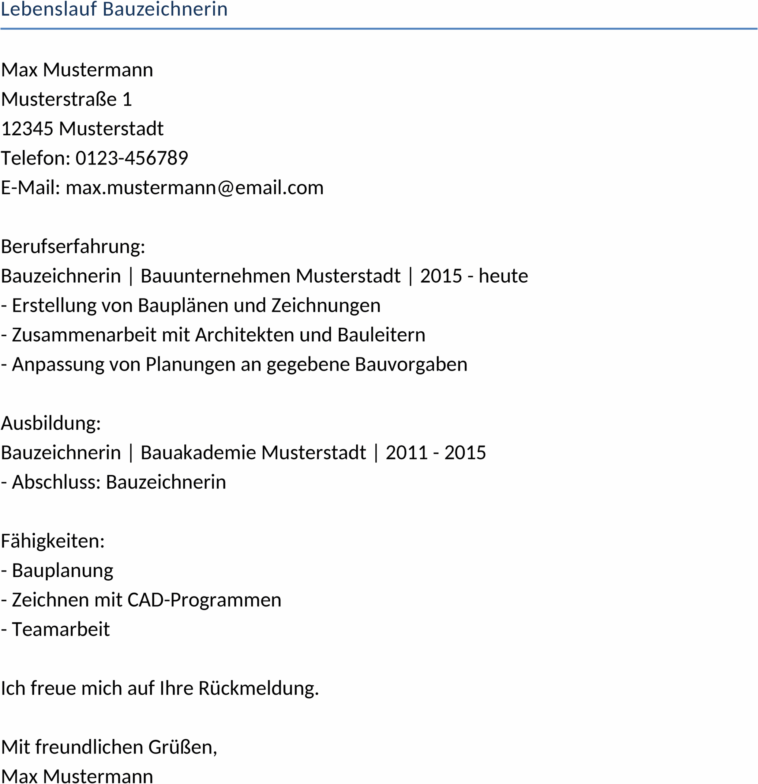 Lebenslauf für Bauzeichnerin als Word-Datei