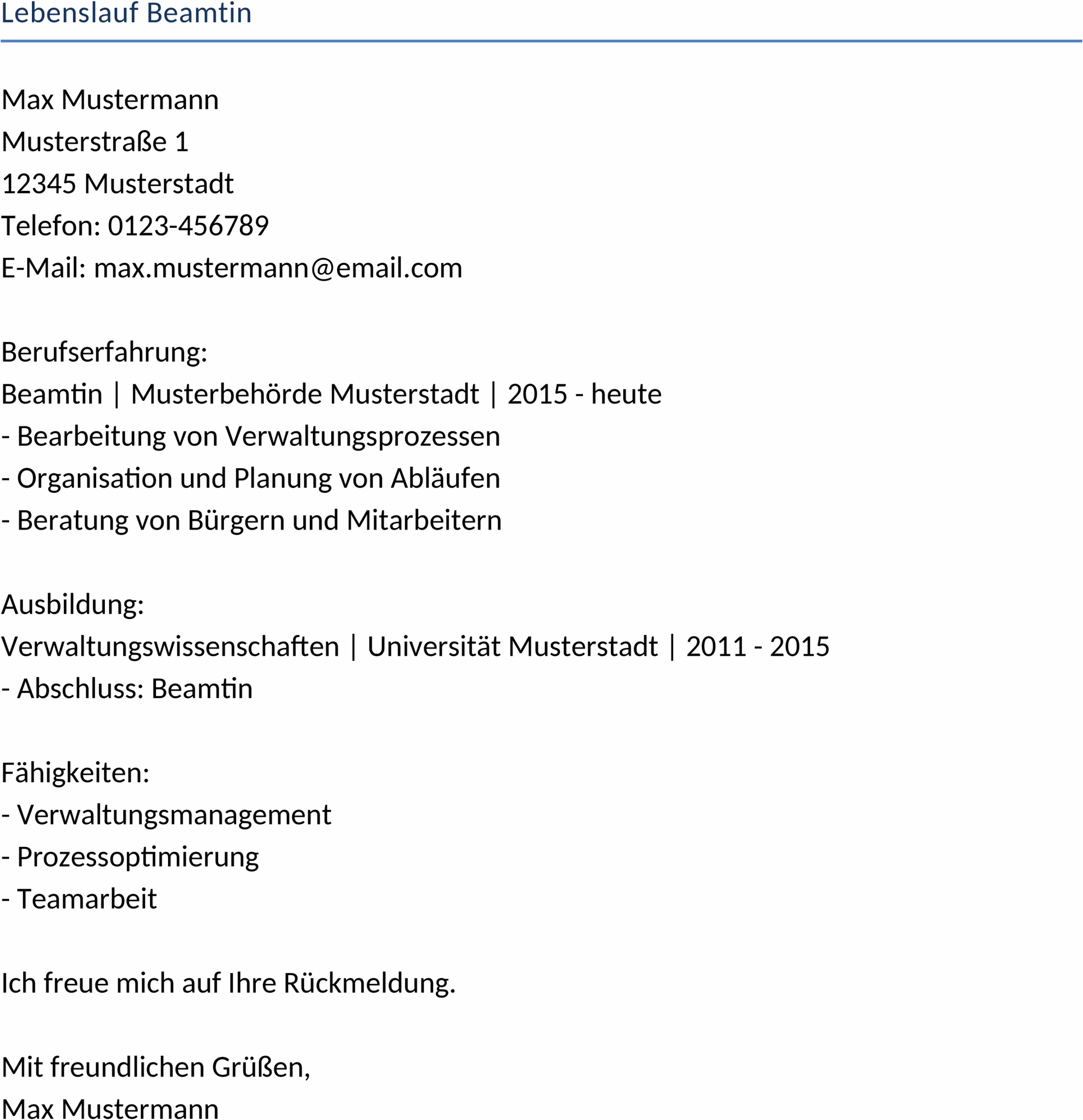Lebenslauf Vorlage für Beamte