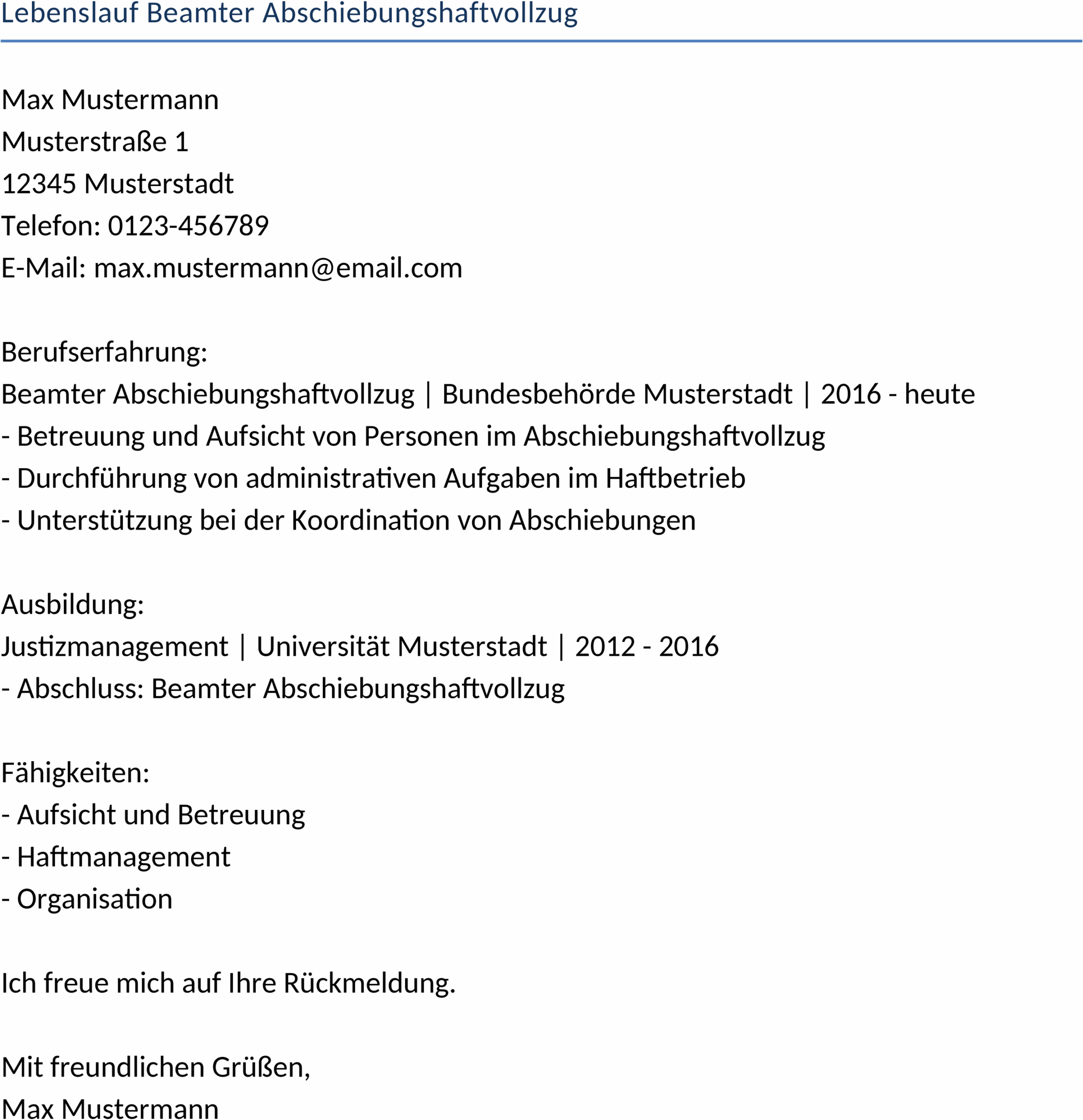 Lebenslauf Beamter Abschiebungshaftvollzug Word-Vorlage
