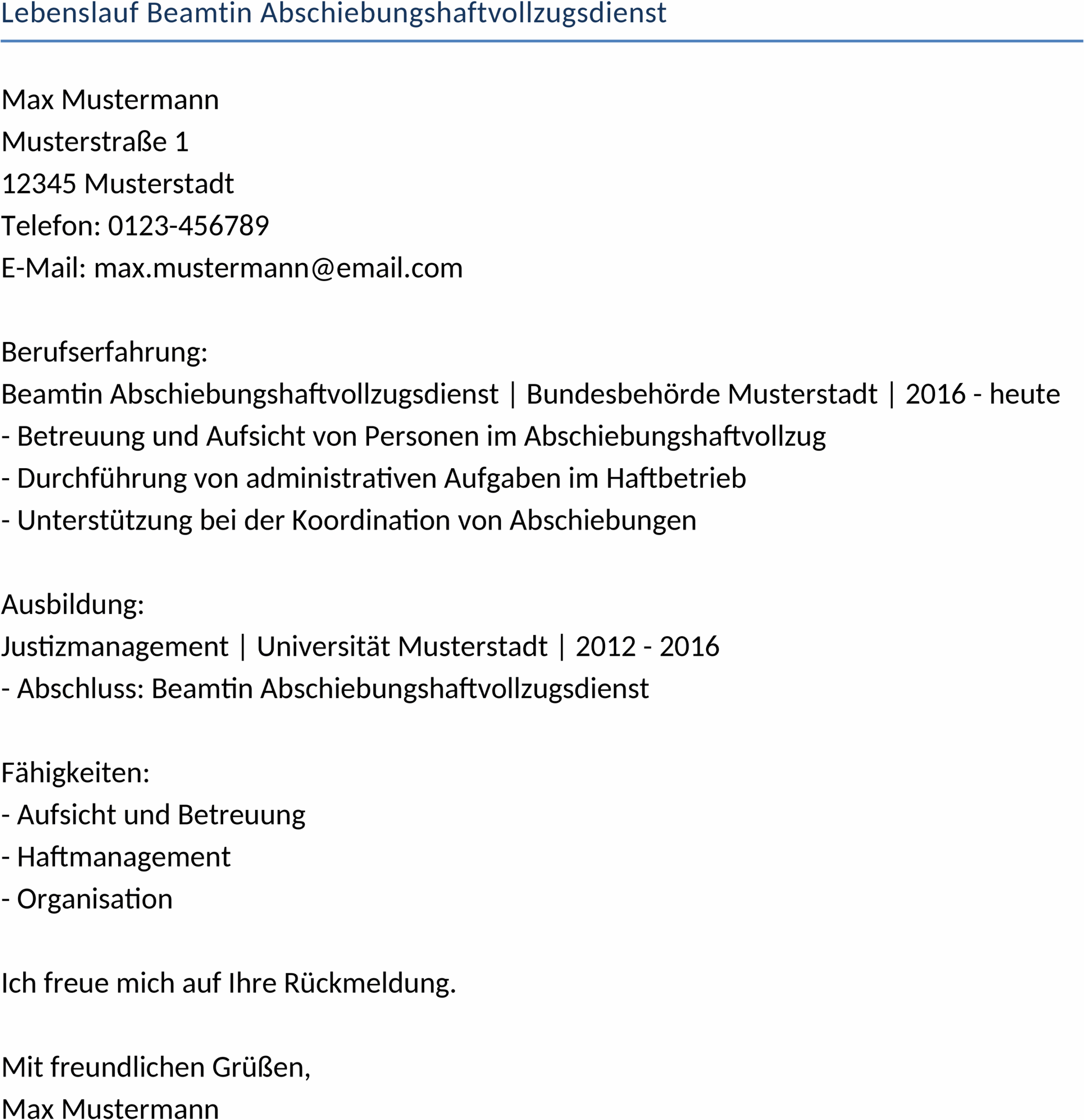 Word-Vorlage Lebenslauf für Beamte im Abschiebungshaftvollzugsdienst