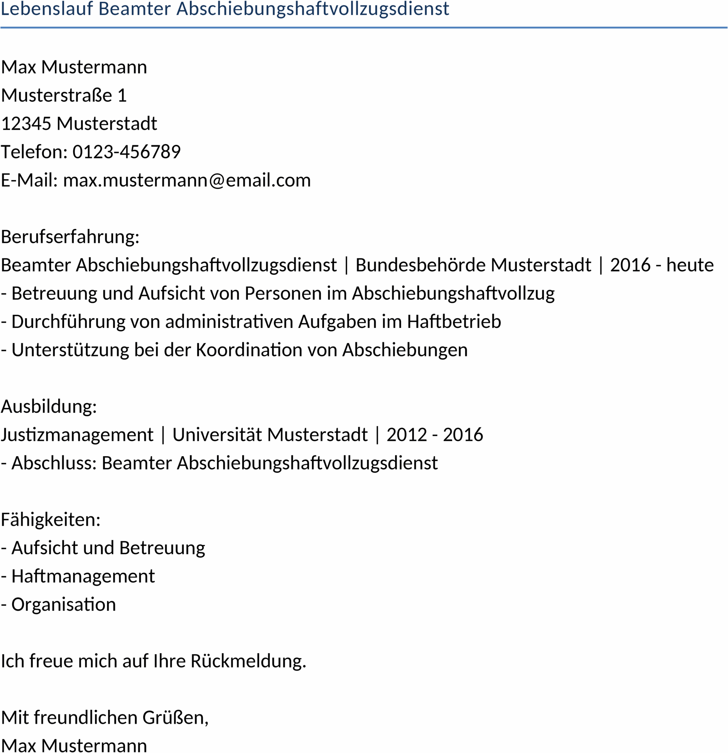 Lebenslauf-Vorlage für den Abschiebungshaftvollzugsdienst